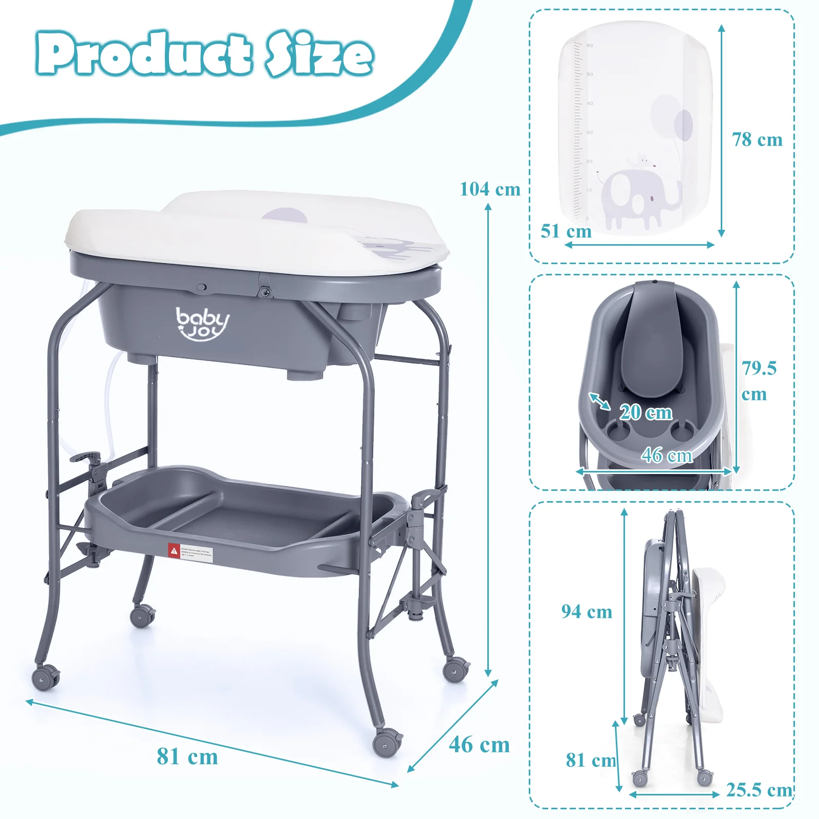2 in 1 Baby Changing Table with Bath Tub Unit, Folding Diaper Dresser Station - Image 3