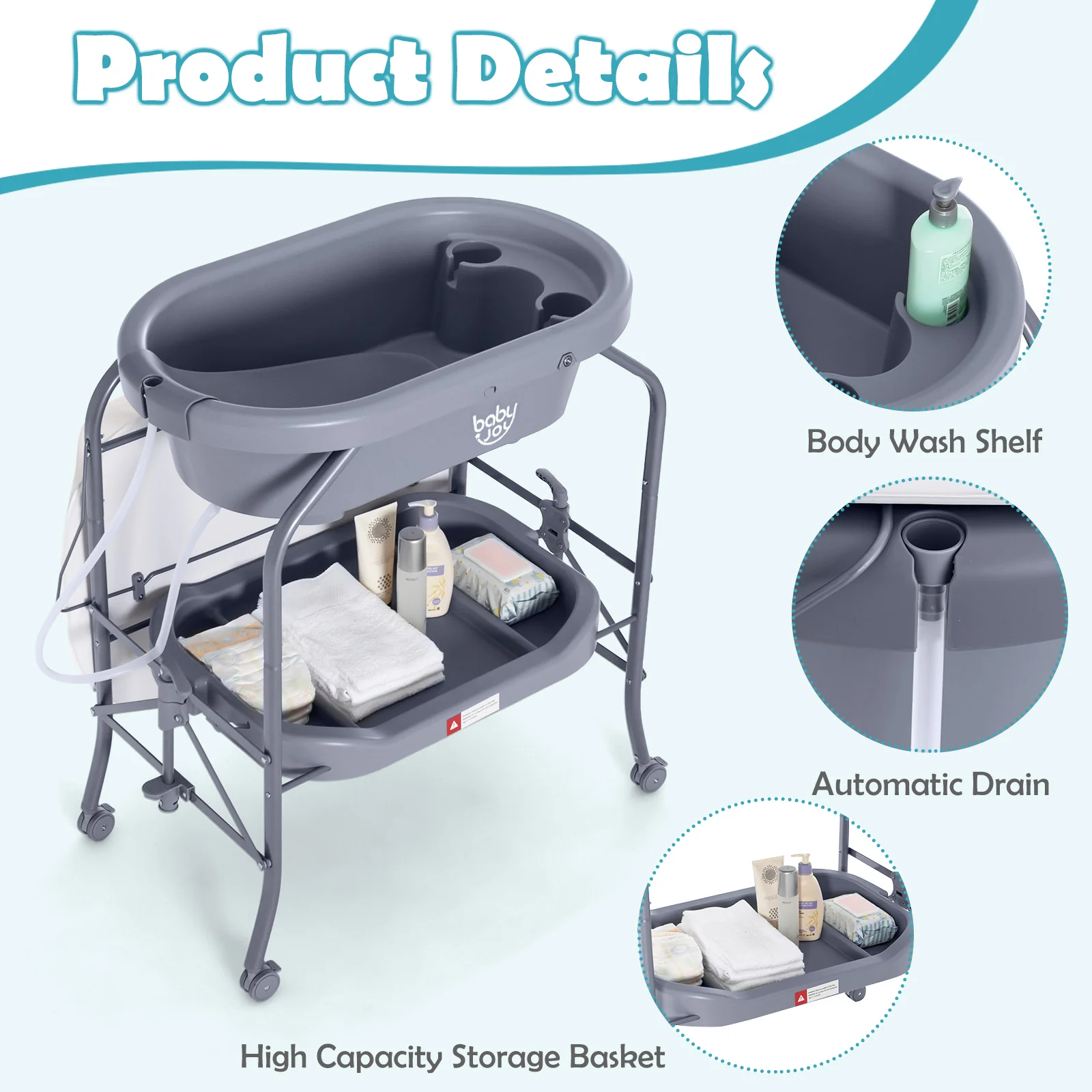 2 in 1 Baby Changing Table with Bath Tub Unit, Folding Diaper Dresser Station - Image 5
