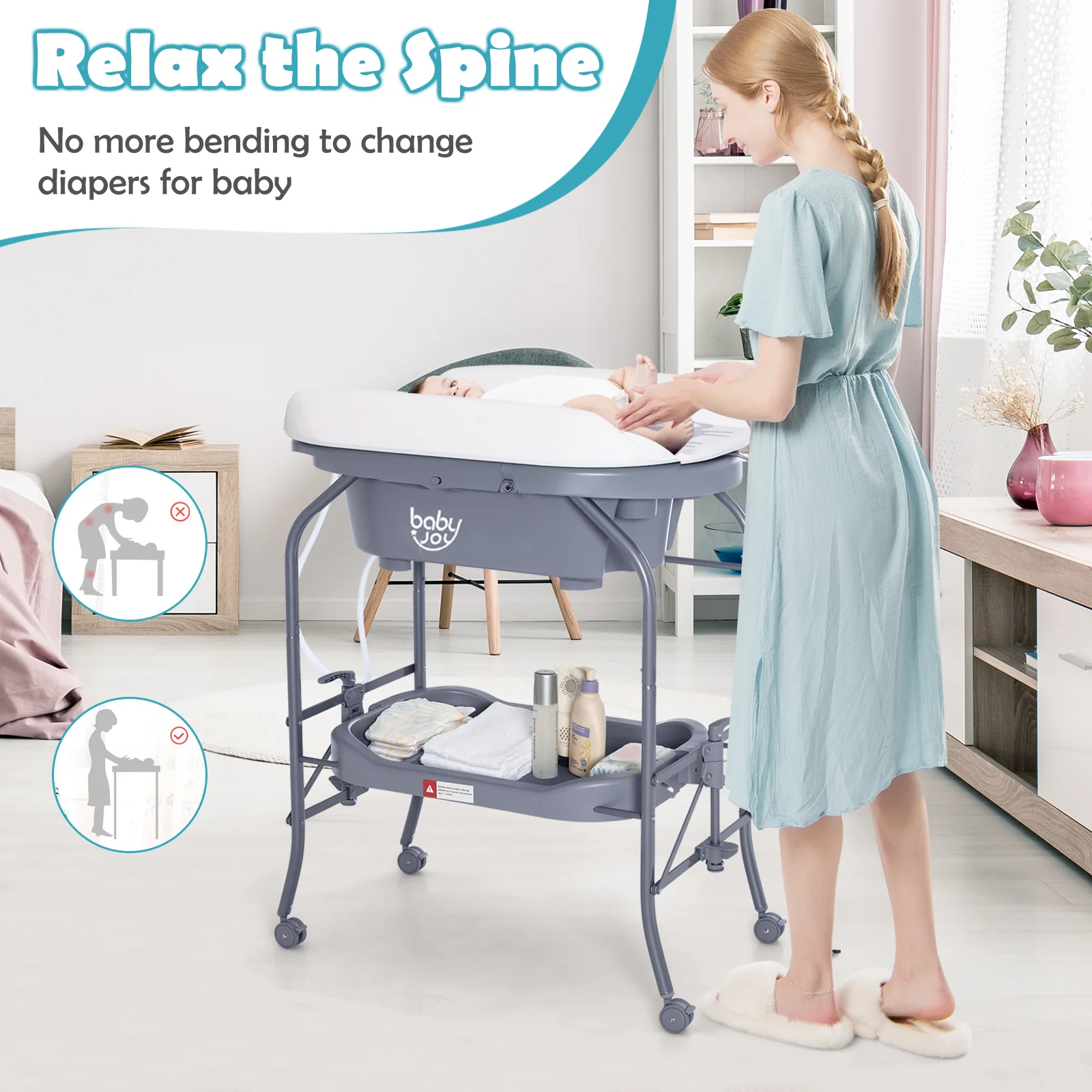 2 in 1 Baby Changing Table with Bath Tub Unit, Folding Diaper Dresser Station - Image 6