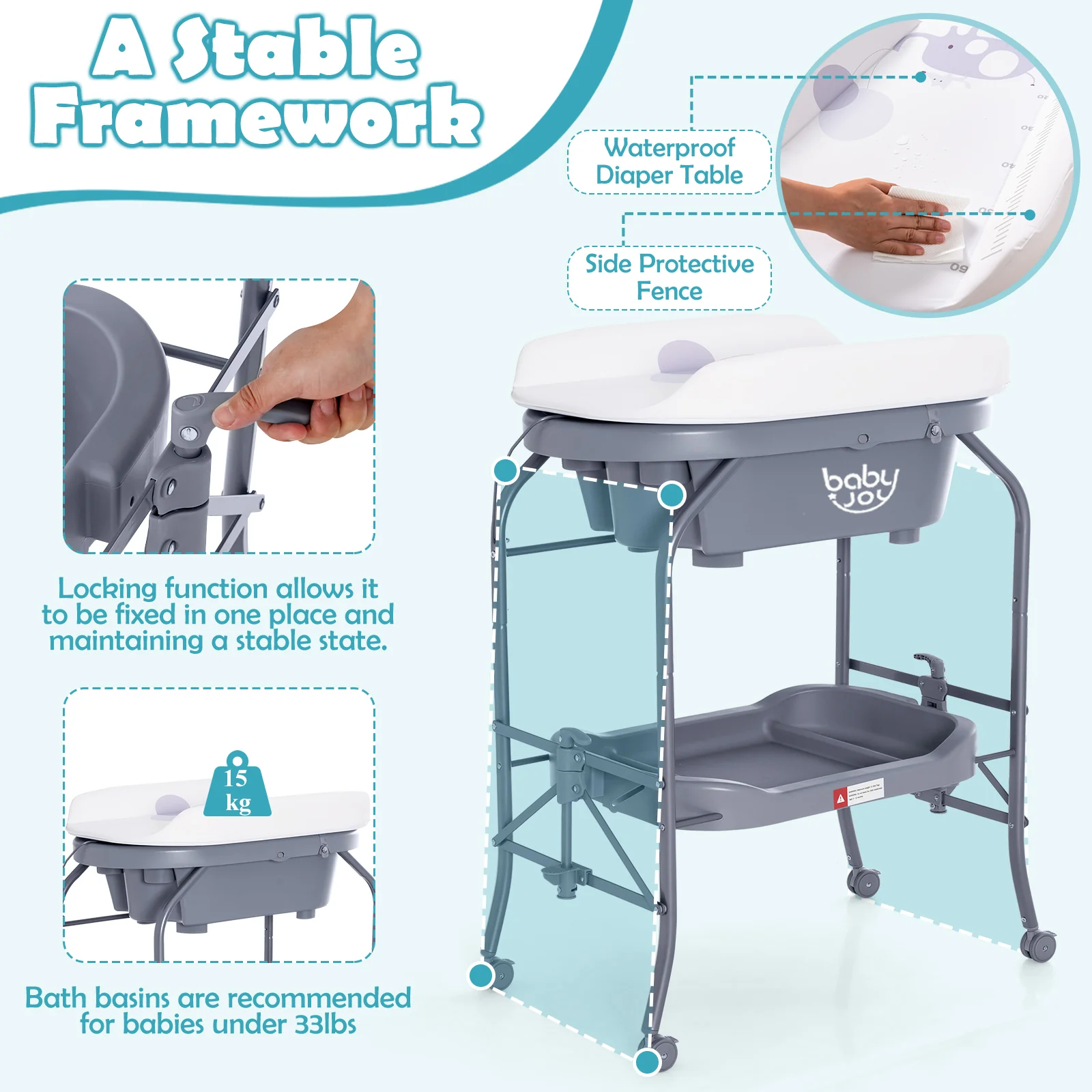 2 in 1 Baby Changing Table with Bath Tub Unit, Folding Diaper Dresser Station - Image 7