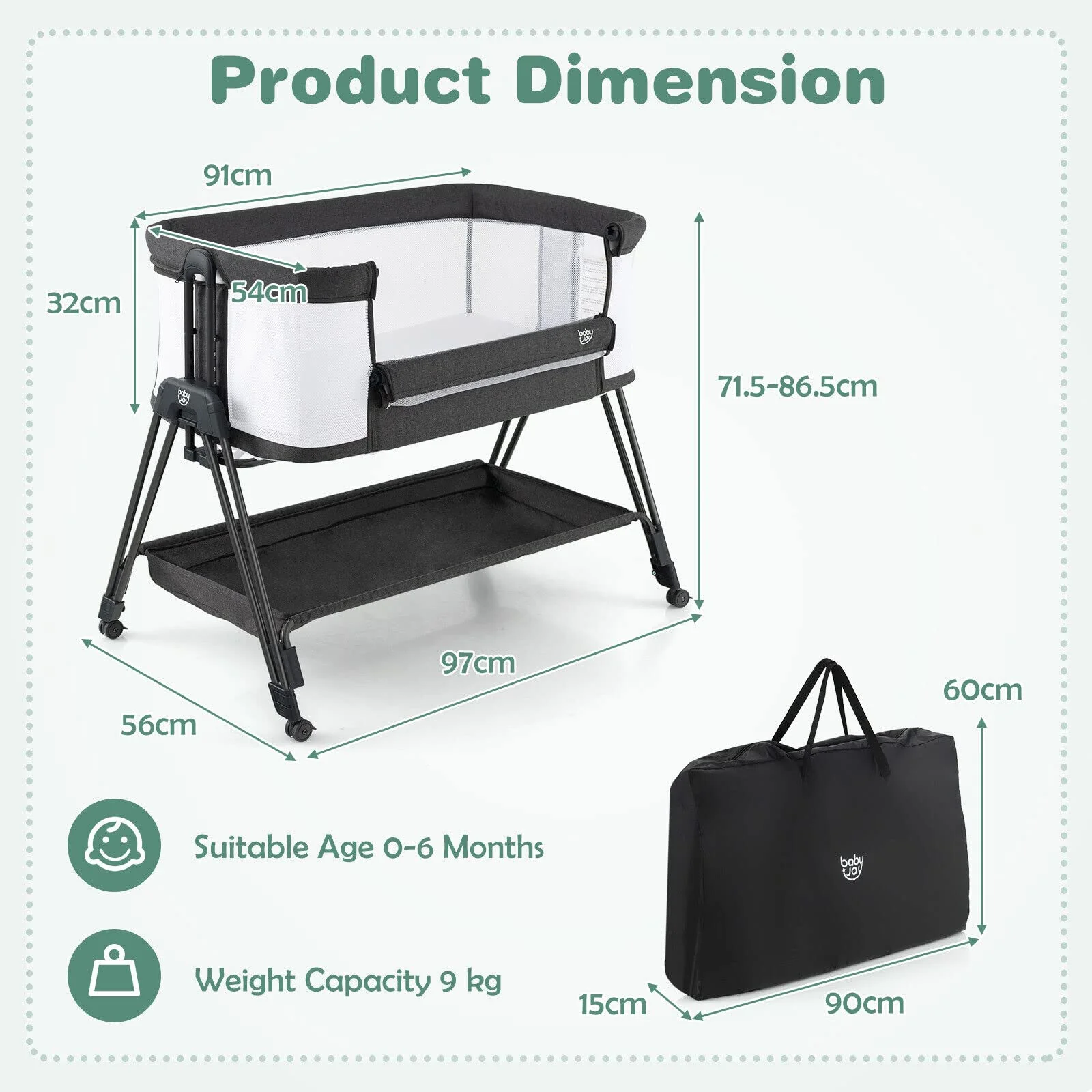 BABY JOY Baby Cot Bed Crib Portable Bassinet Bedside Sleeper Height Adjustable - Image 5