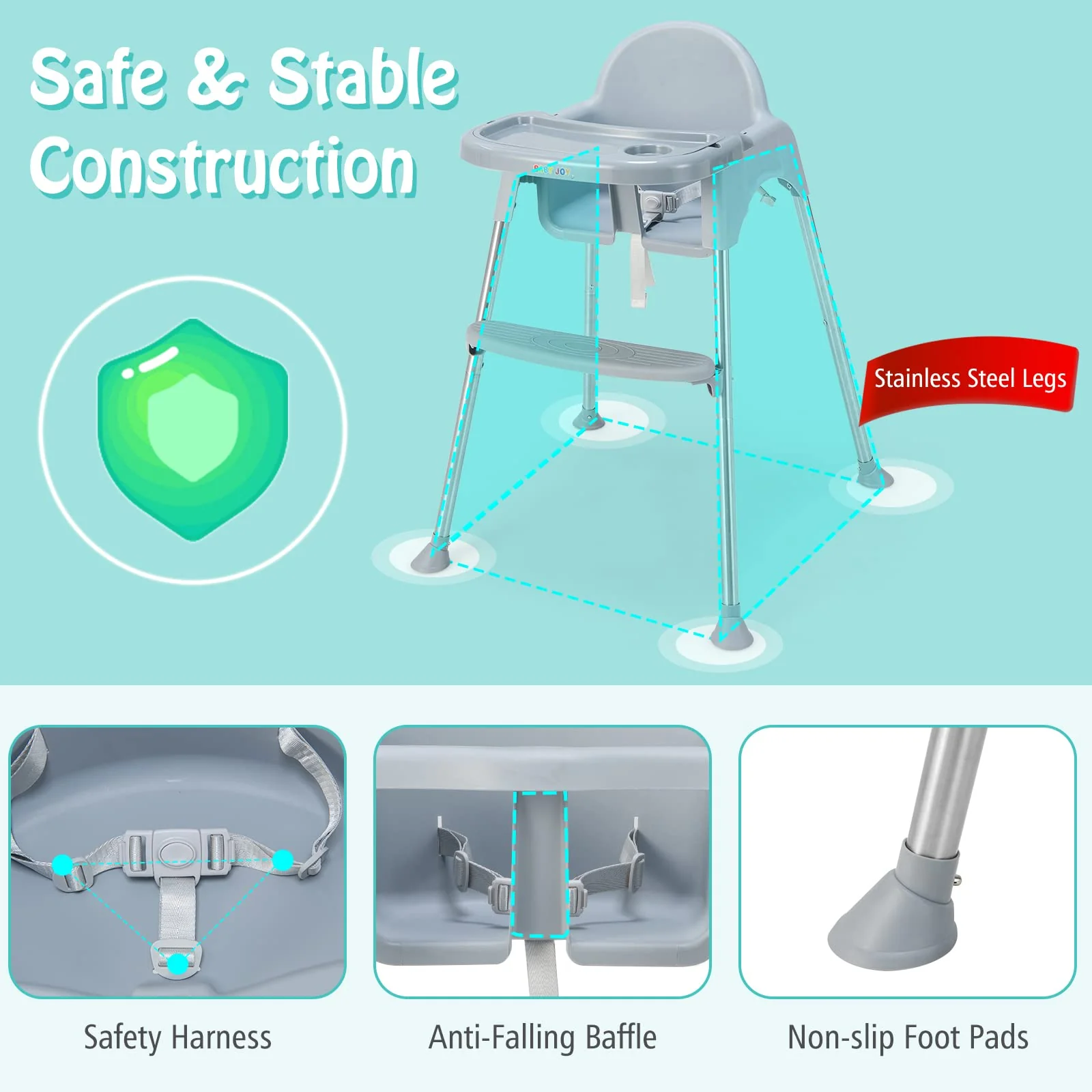 BABY JOY Baby High Chair, 4 in 1 Convertible Highchair with Adjustable Legs - Image 7