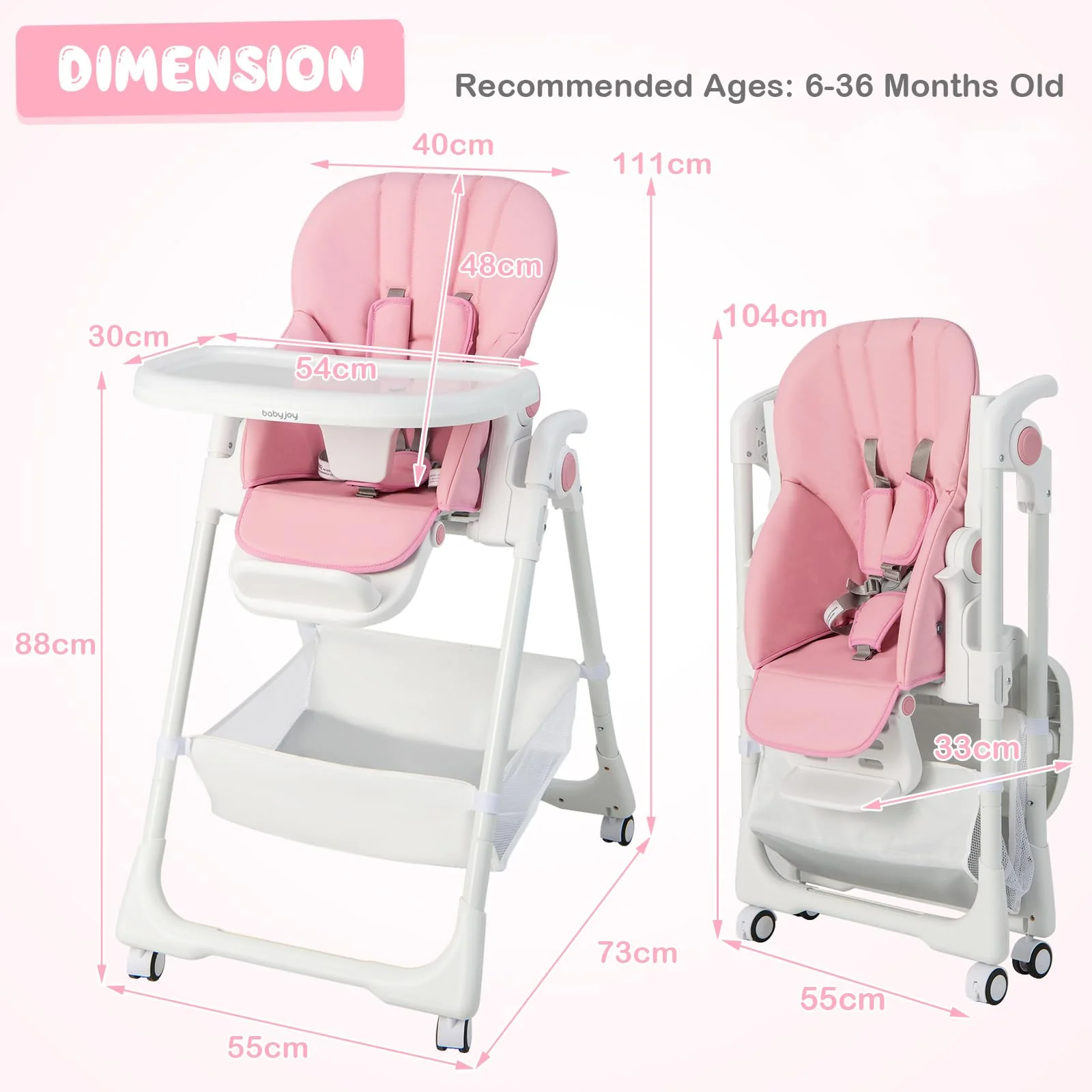 BABY JOY Baby High Chair, Foldable Highchair w/ 7 Heights, 5 Recline Positions - Image 3