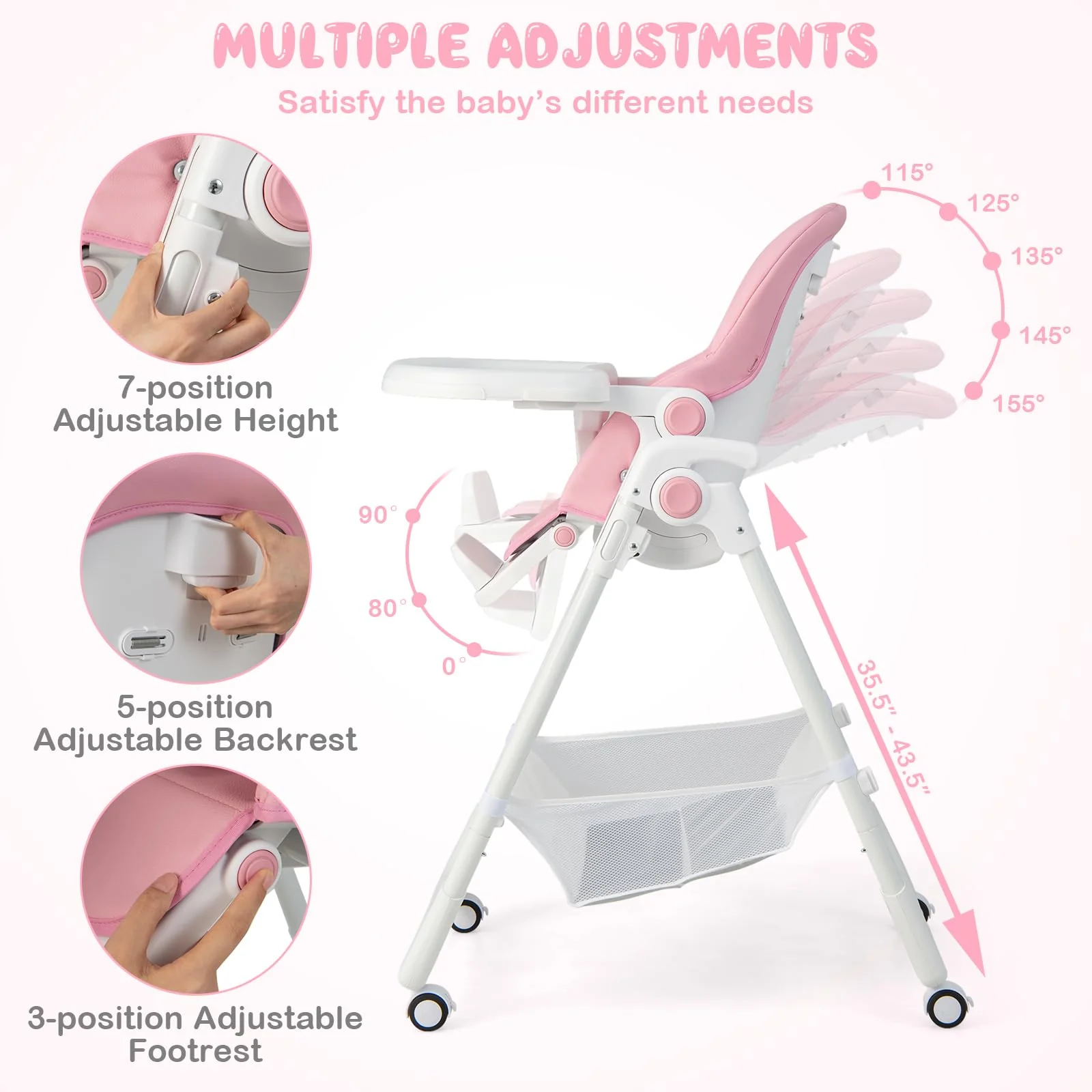 BABY JOY Baby High Chair, Foldable Highchair w/ 7 Heights, 5 Recline Positions - Image 4