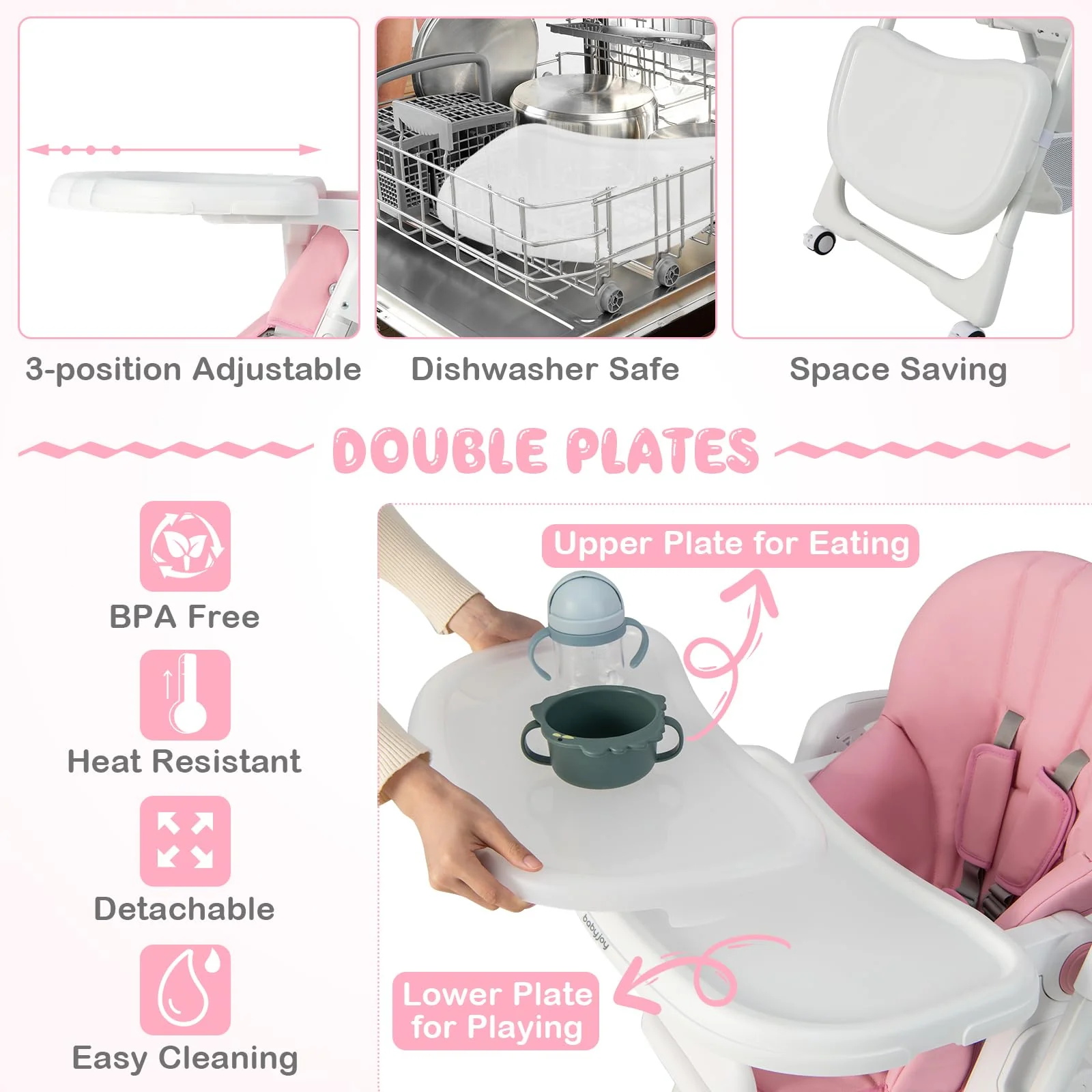 BABY JOY Baby High Chair, Foldable Highchair w/ 7 Heights, 5 Recline Positions - Image 5