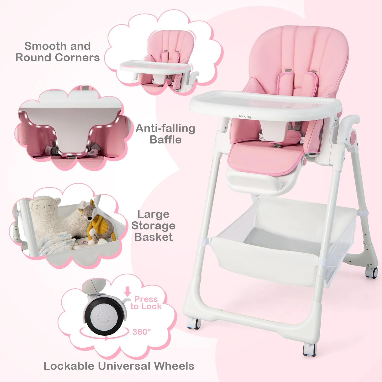 BABY JOY Baby High Chair, Foldable Highchair w/ 7 Heights, 5 Recline Positions - Image 6