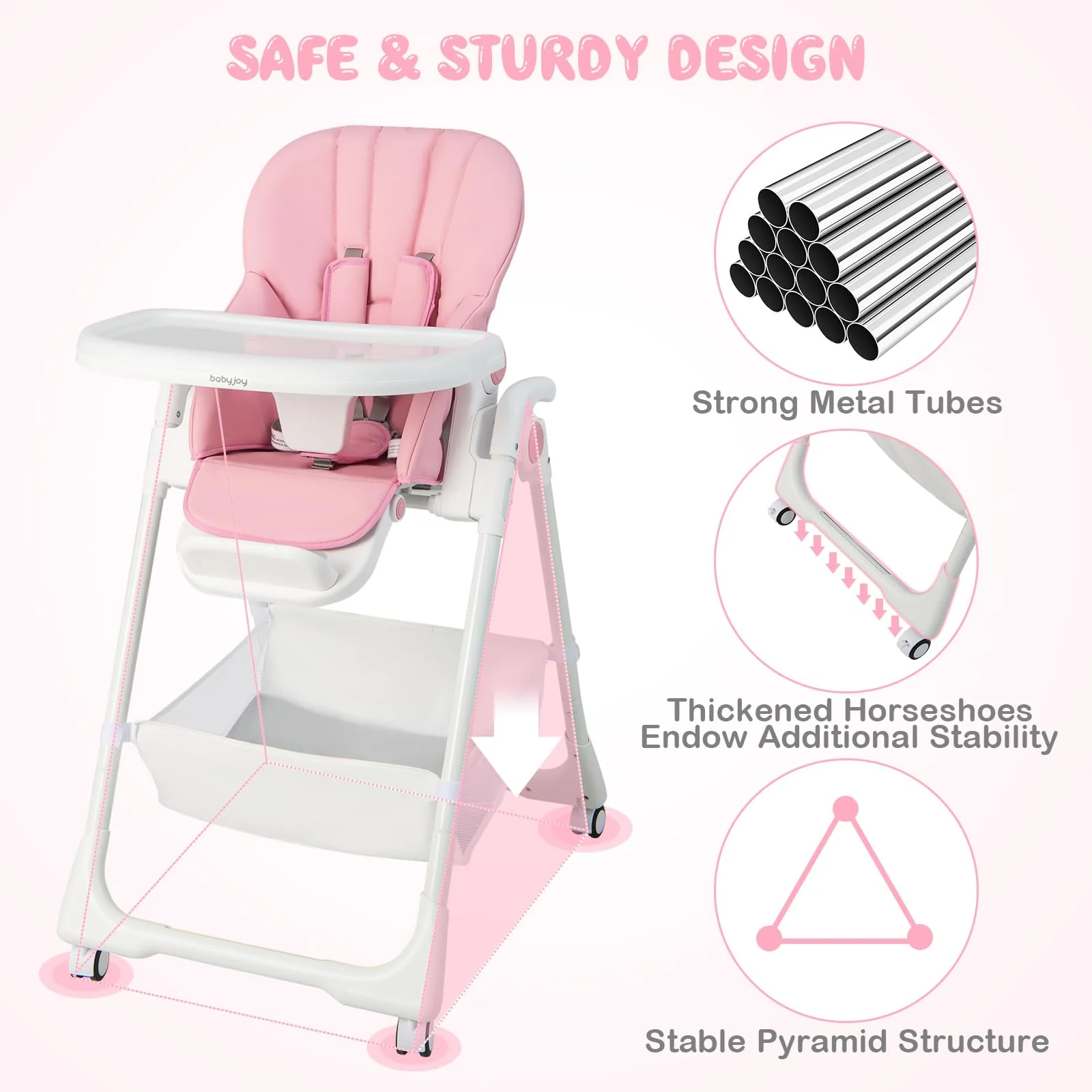 BABY JOY Baby High Chair, Foldable Highchair w/ 7 Heights, 5 Recline Positions - Image 9