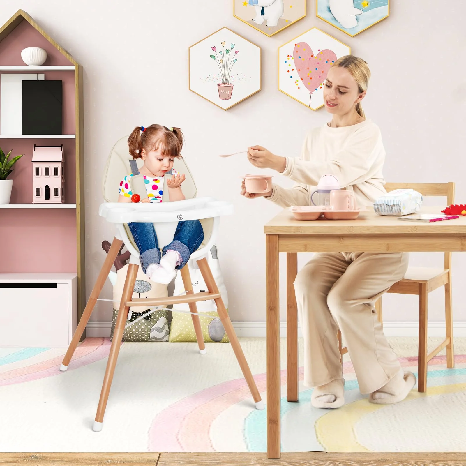 BABY JOY Baby High Chair, Wooden Highchair for Babies Infants w/Double 4-Gear Tray - Image 3
