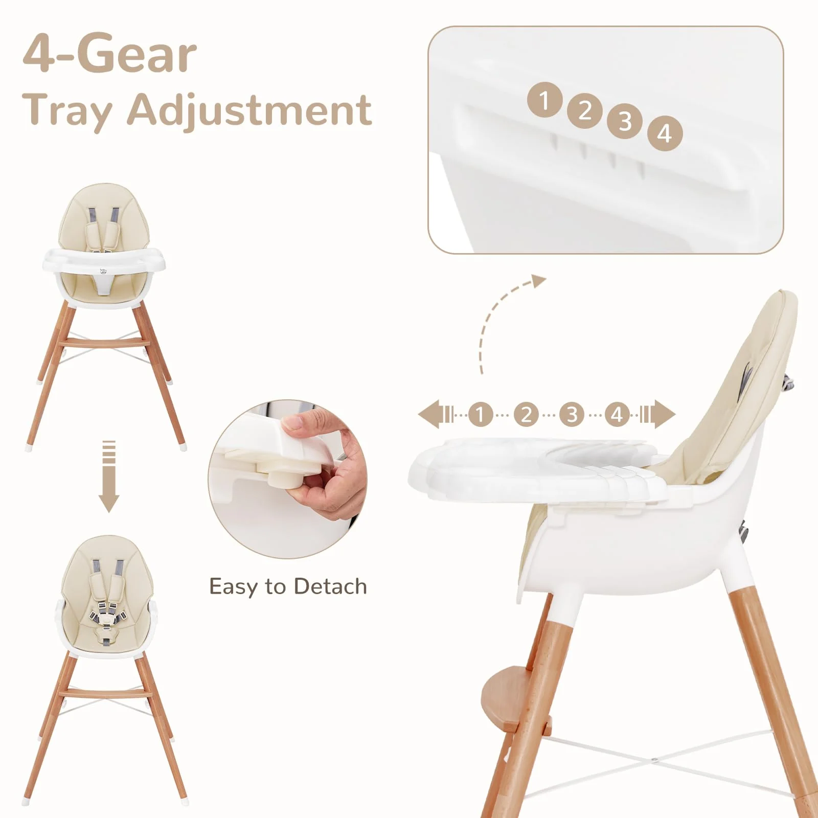 BABY JOY Baby High Chair, Wooden Highchair for Babies Infants w/Double 4-Gear Tray - Image 5
