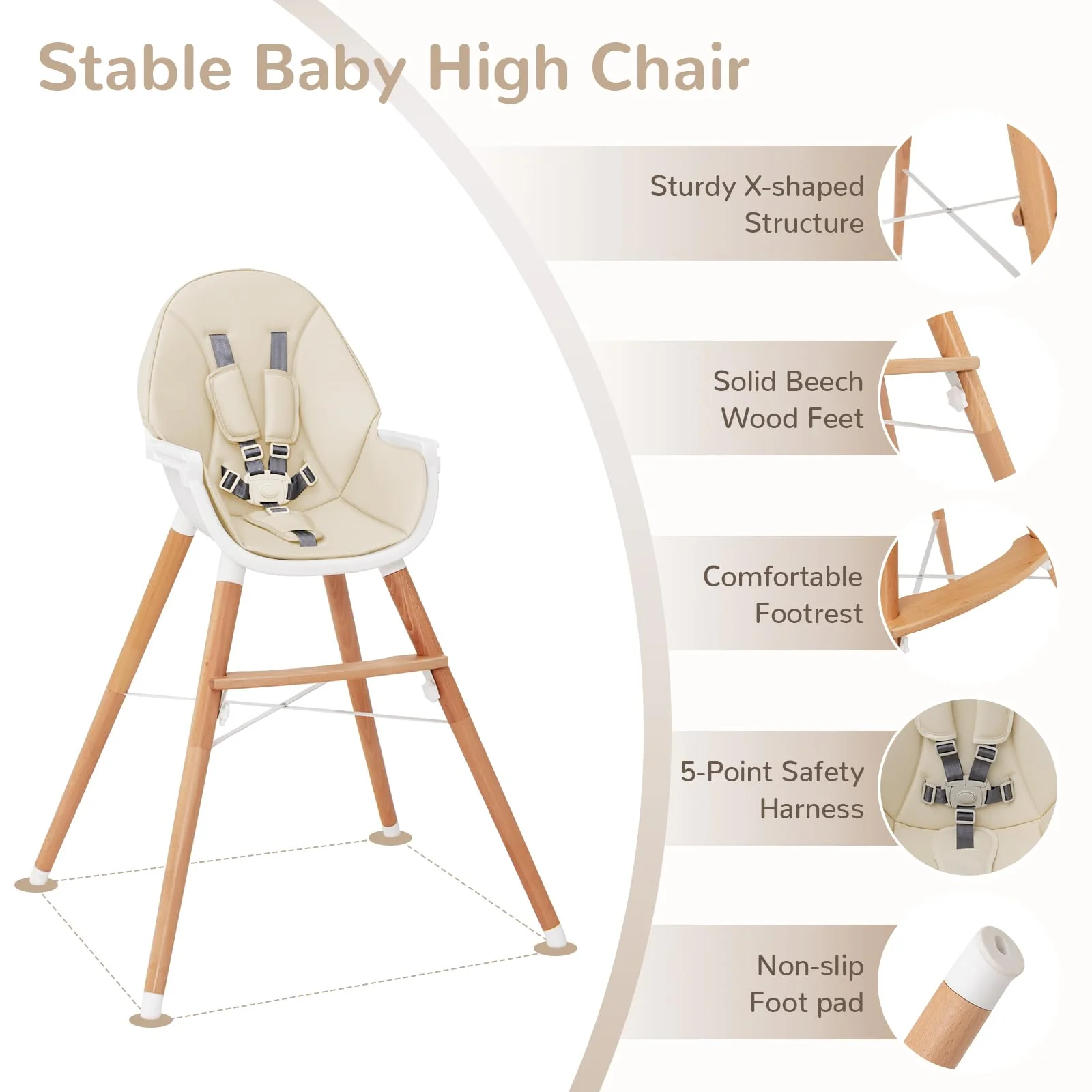 BABY JOY Baby High Chair, Wooden Highchair for Babies Infants w/Double 4-Gear Tray - Image 7