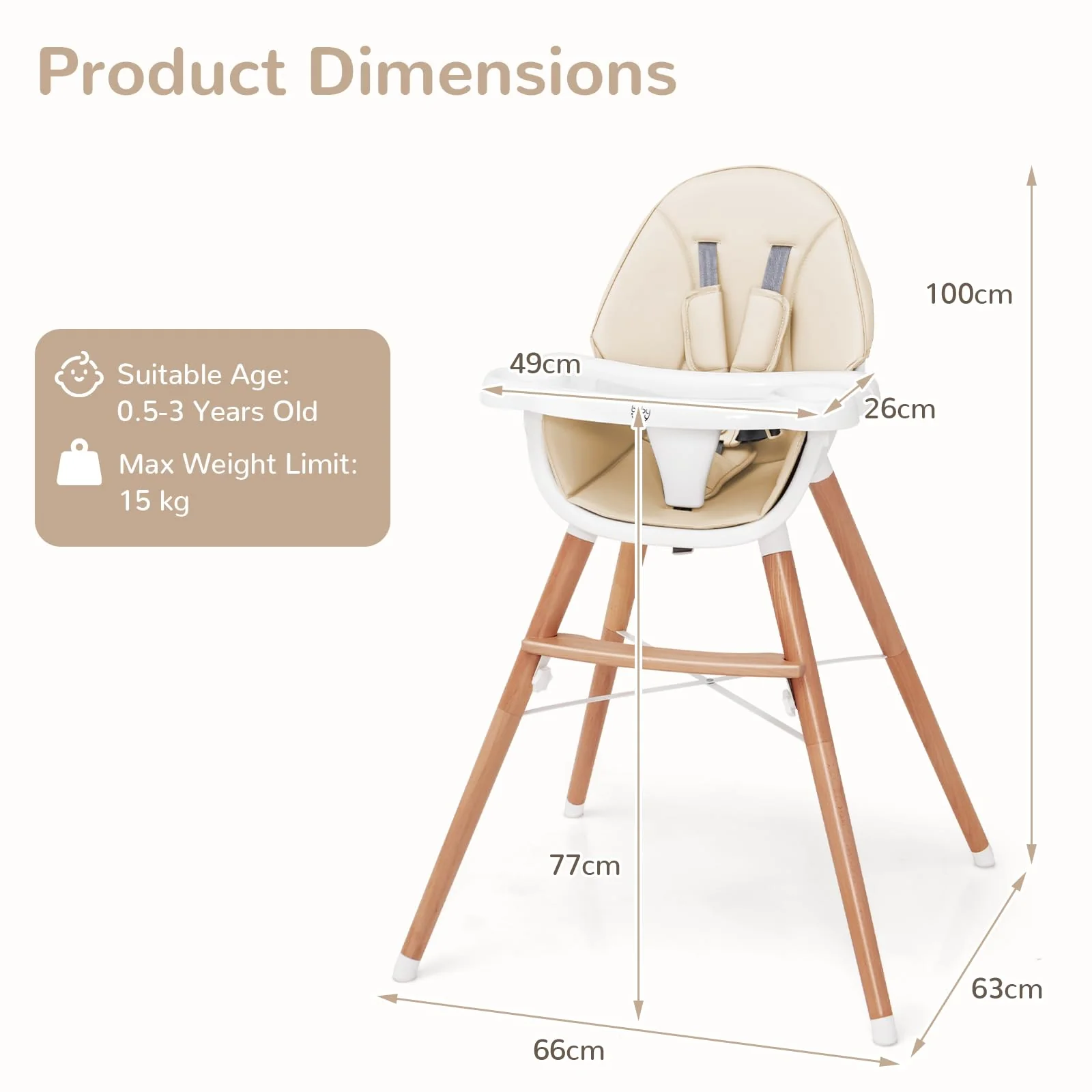 BABY JOY Baby High Chair, Wooden Highchair for Babies Infants w/Double 4-Gear Tray - Image 8