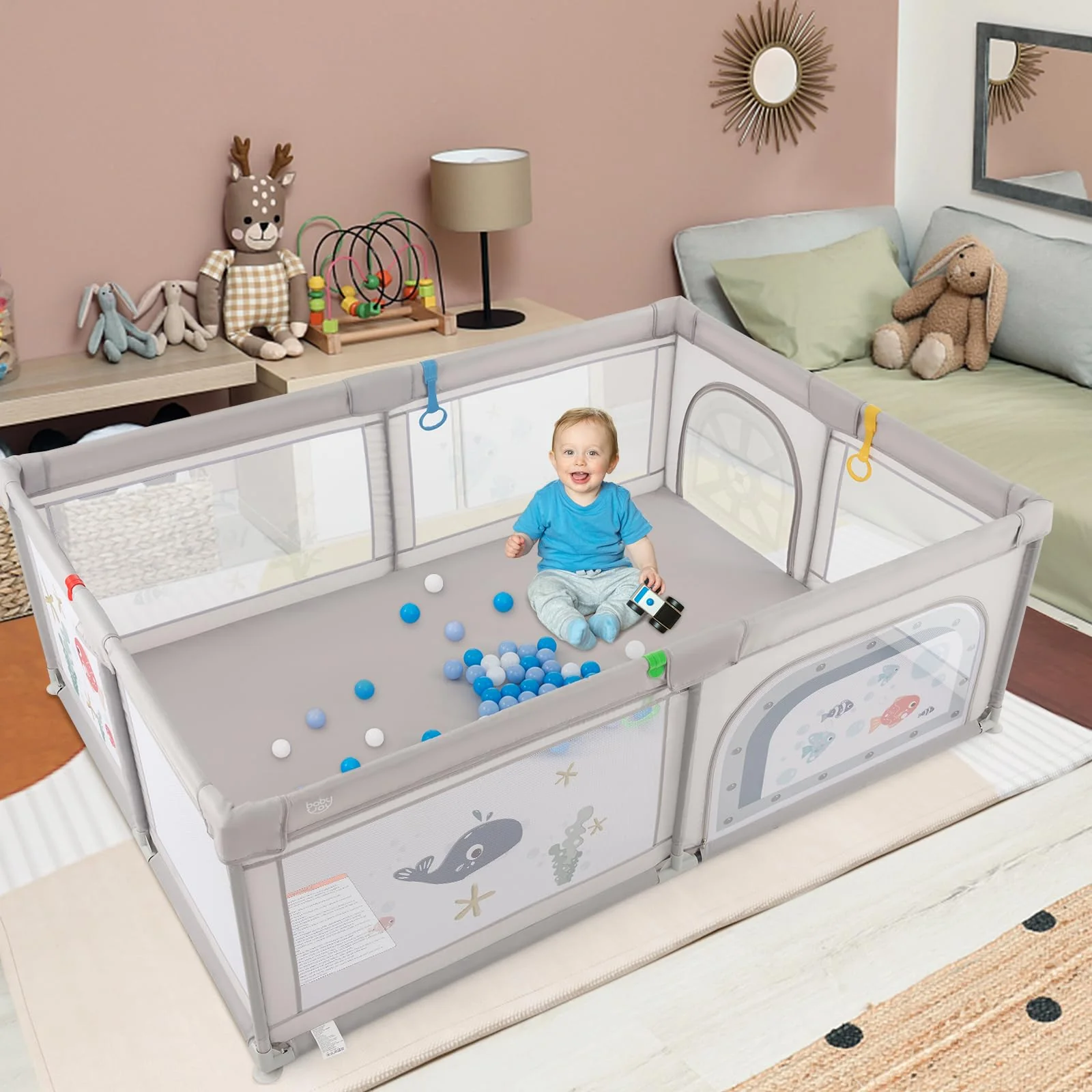BABY JOY Baby Playpen, 205 x 147 cm Extra-Large Play Yard - Image 8