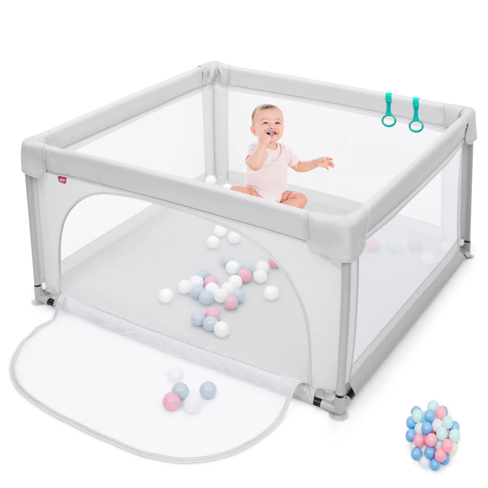 BABY JOY Baby Playpen Large Play Activity Center for Babies w/50 Balls, 2 Pull Rings - Image 10