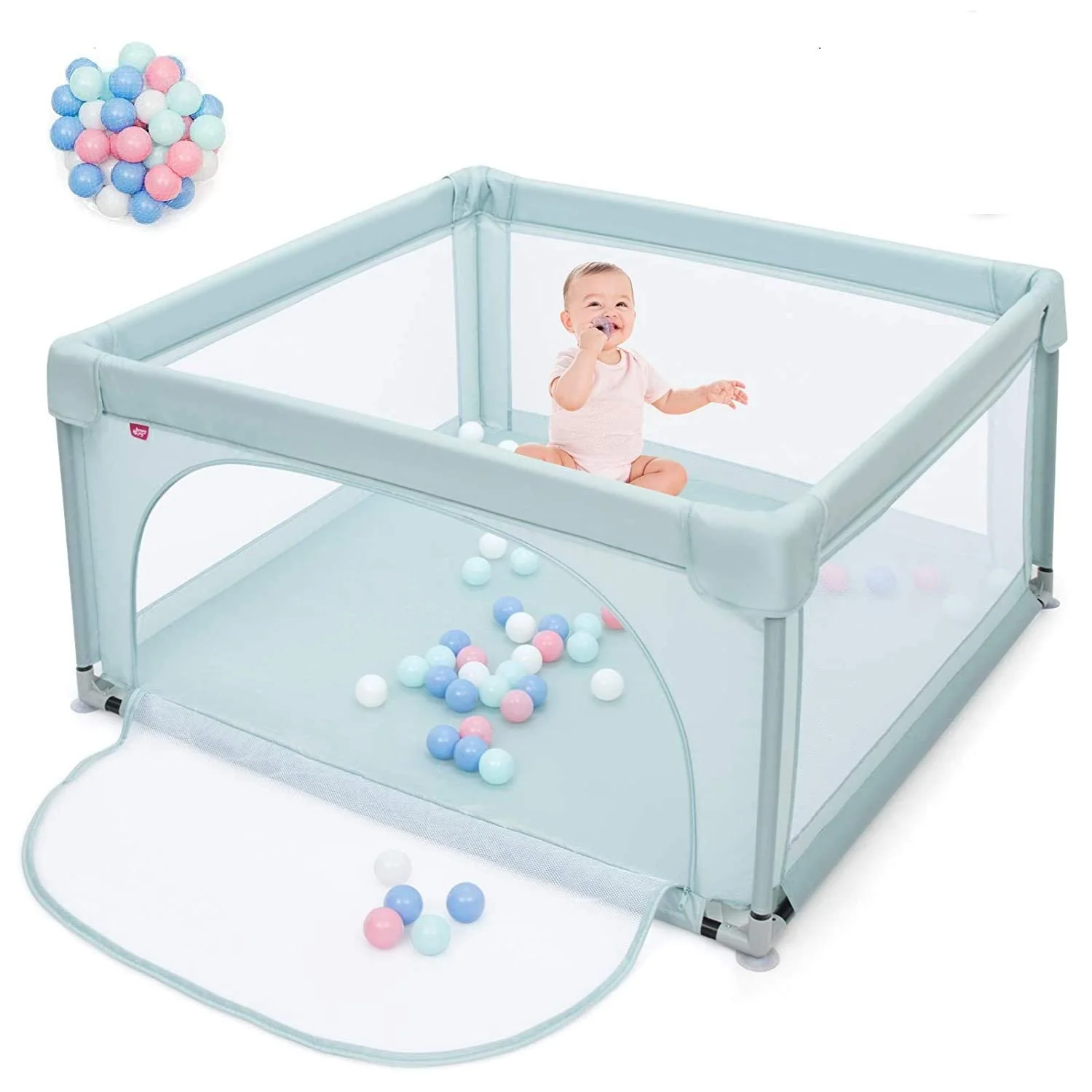 BABY JOY Baby Playpen Large Play Activity Center for Babies w/50 Balls, 2 Pull Rings - Image 11