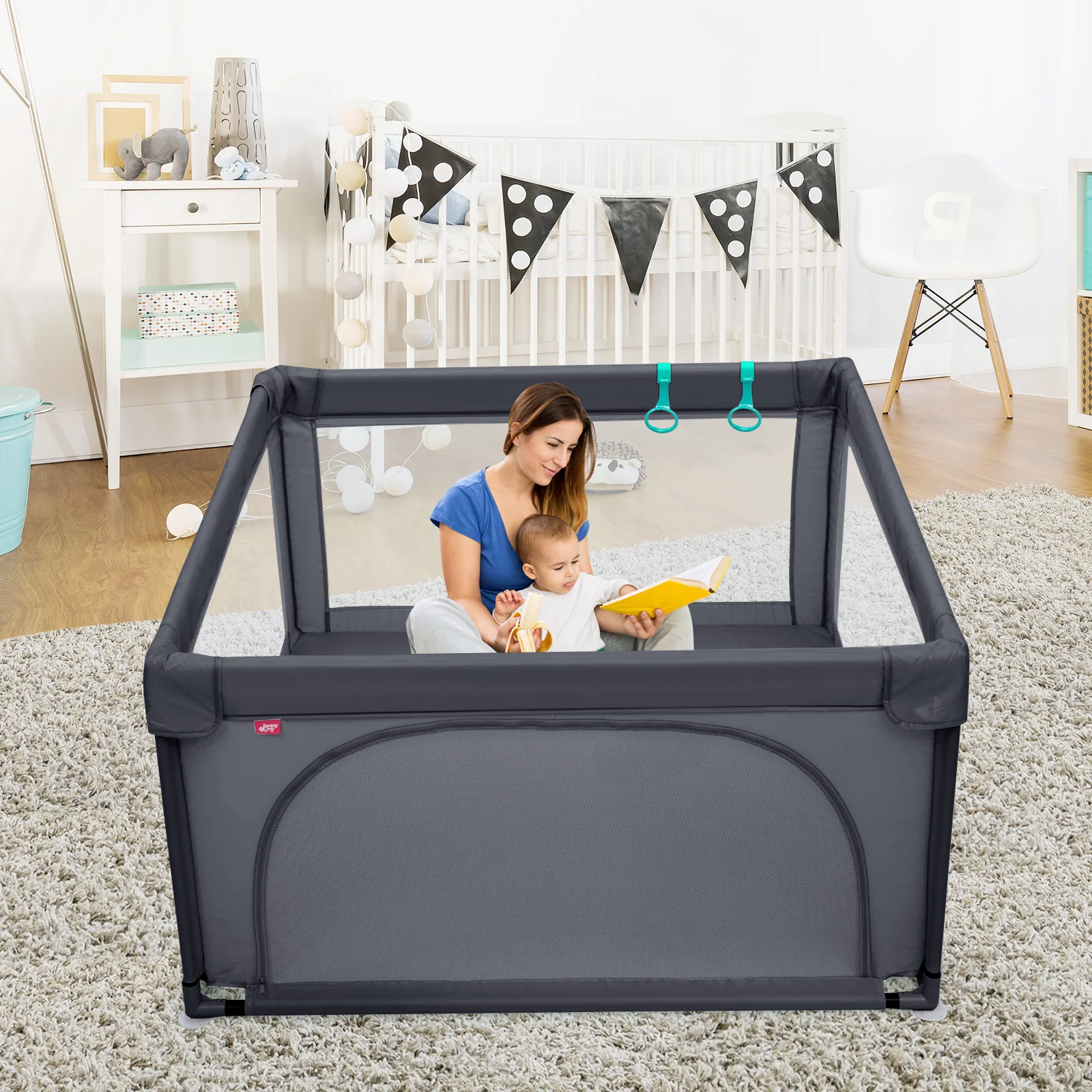 BABY JOY Baby Playpen Large Play Activity Center for Babies w/50 Balls, 2 Pull Rings - Image 2