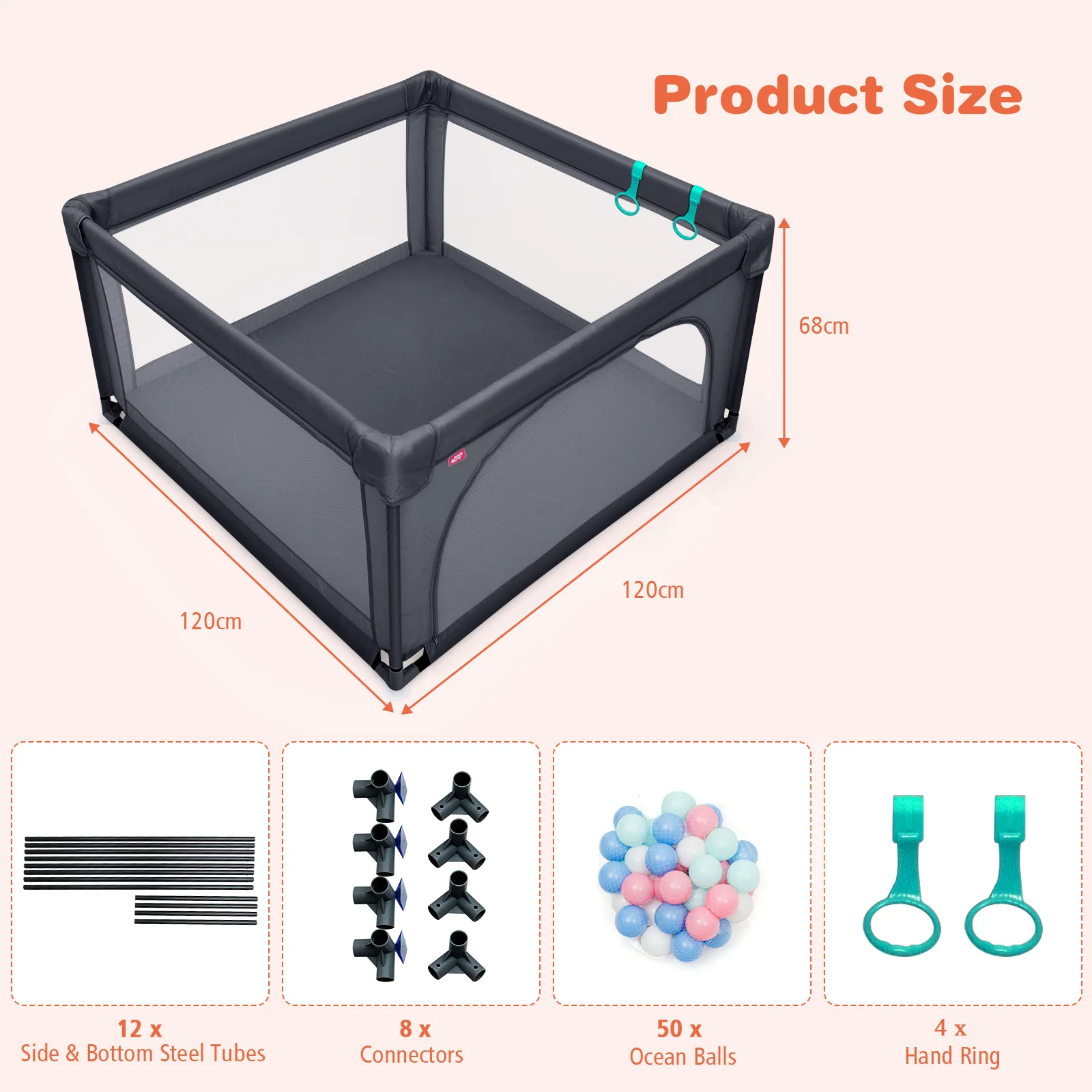 BABY JOY Baby Playpen Large Play Activity Center for Babies w/50 Balls, 2 Pull Rings - Image 3