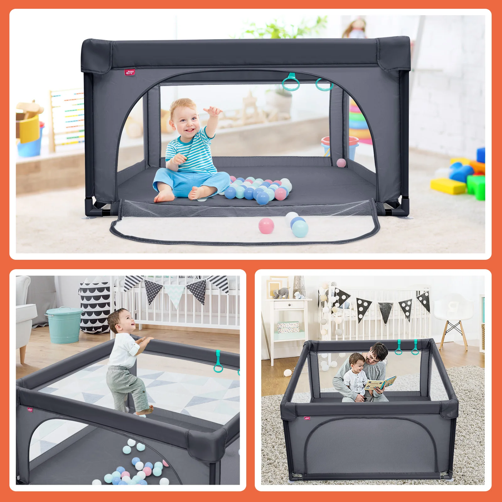 BABY JOY Baby Playpen Large Play Activity Center for Babies w/50 Balls, 2 Pull Rings - Image 4