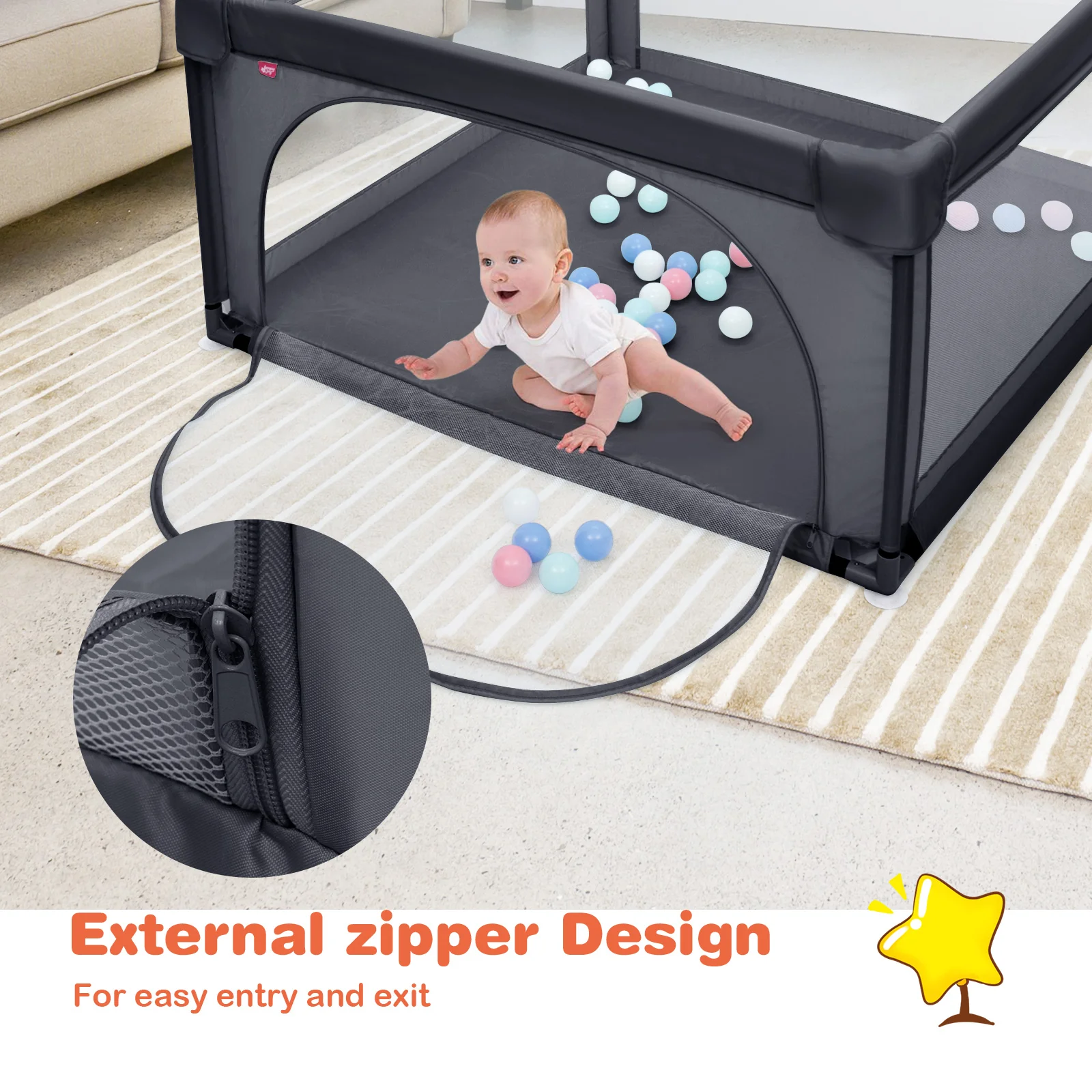 BABY JOY Baby Playpen Large Play Activity Center for Babies w/50 Balls, 2 Pull Rings - Image 5