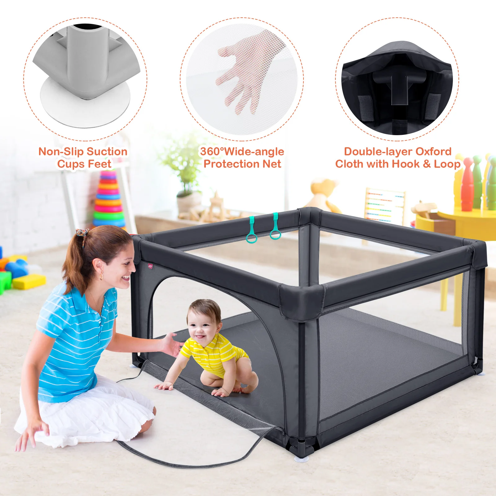 BABY JOY Baby Playpen Large Play Activity Center for Babies w/50 Balls, 2 Pull Rings - Image 6
