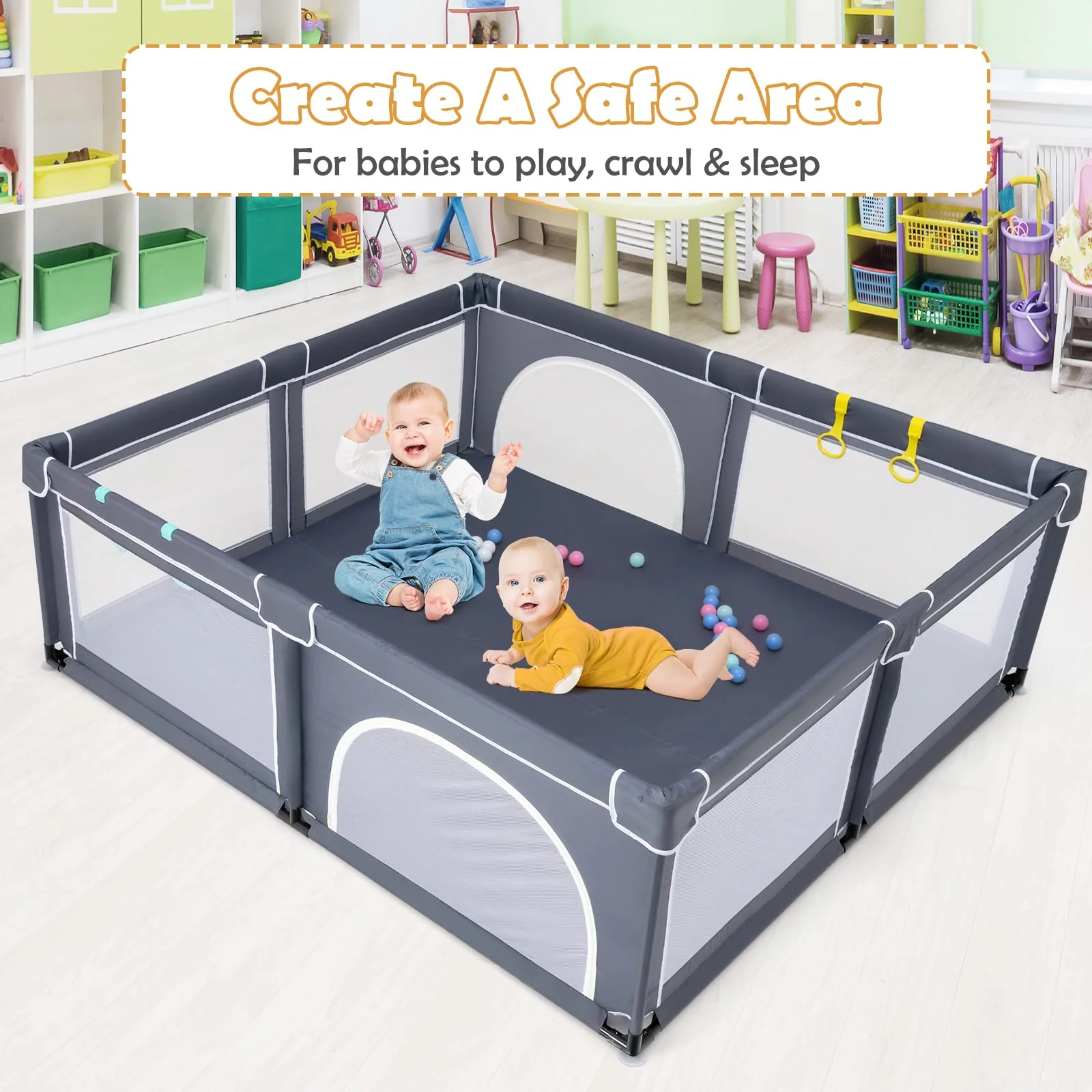 BABY JOY Baby Playpen for Toddler, 206 x 185.5 x 68 cm Large Safety Play Yard with 50 Ocean Balls, 4 Pull Rings - Image 2