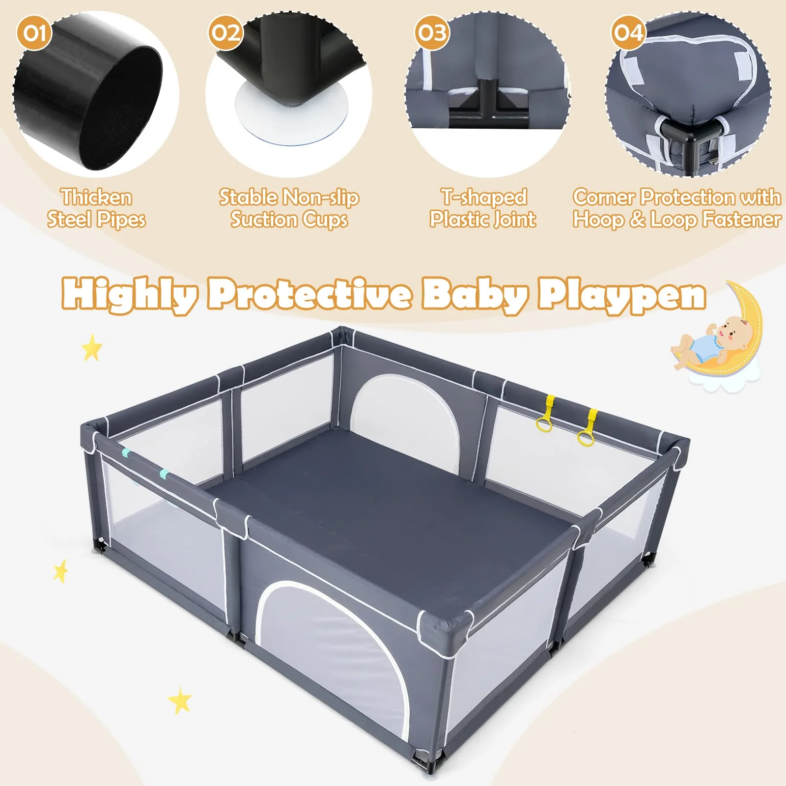 BABY JOY Baby Playpen for Toddler, 206 x 185.5 x 68 cm Large Safety Play Yard with 50 Ocean Balls, 4 Pull Rings - Image 8