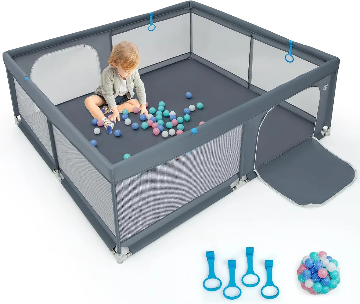 BABY JOY Baby Playpen for Toddlers, 200 x 180 x 68 cm Large Safety Play Yard with 4 Pull Rings & 50 Ocean Balls - Image 11