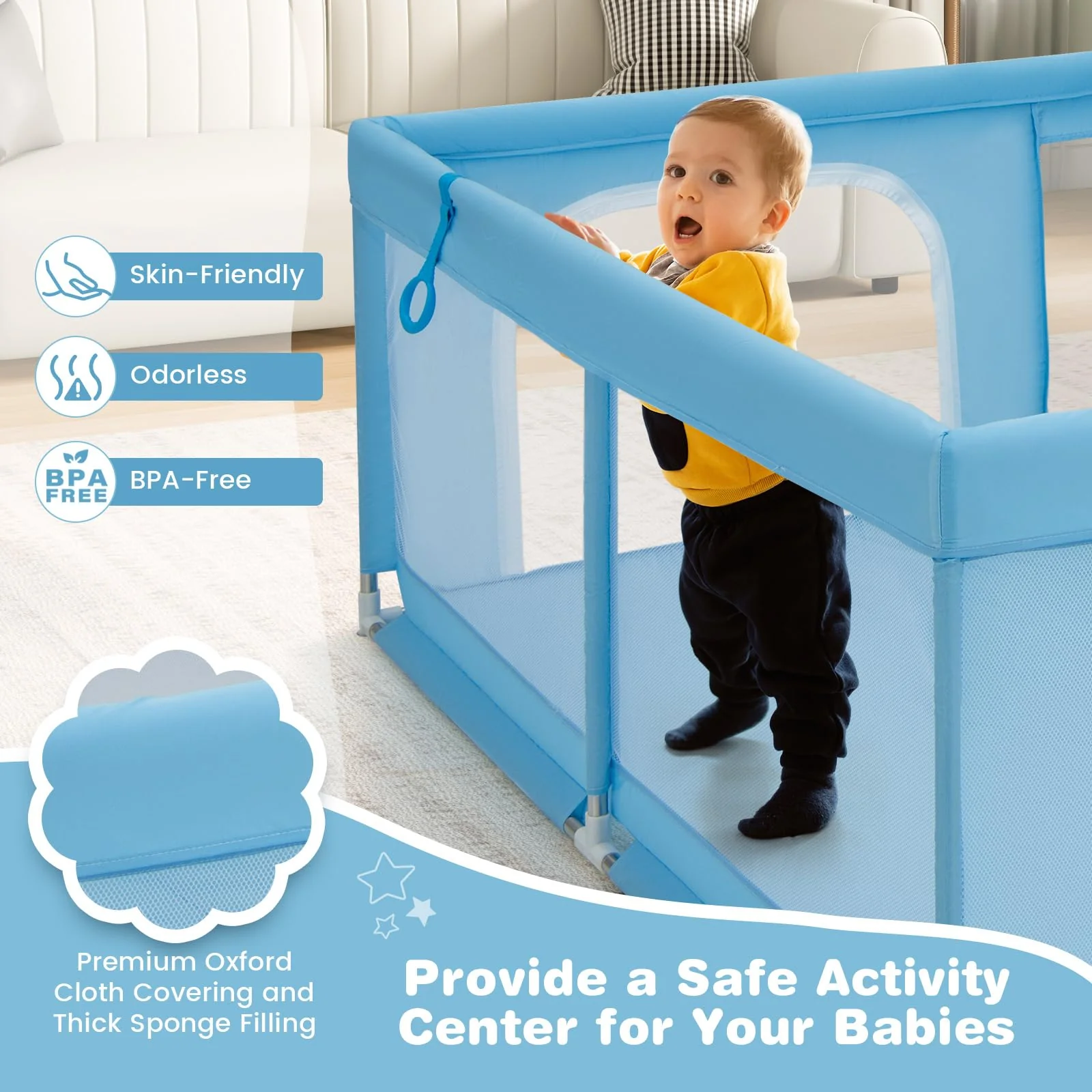 BABY JOY Baby Playpen for Toddlers, 200 x 180 x 68 cm Large Safety Play Yard with 4 Pull Rings & 50 Ocean Balls - Image 3