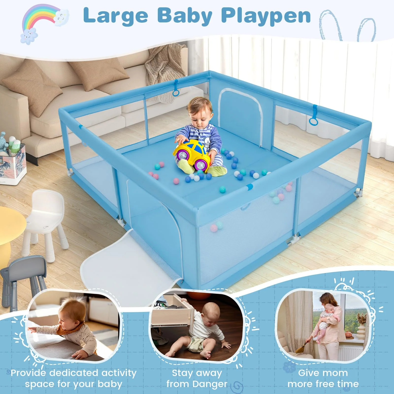 BABY JOY Baby Playpen for Toddlers, 200 x 180 x 68 cm Large Safety Play Yard with 4 Pull Rings & 50 Ocean Balls - Image 7