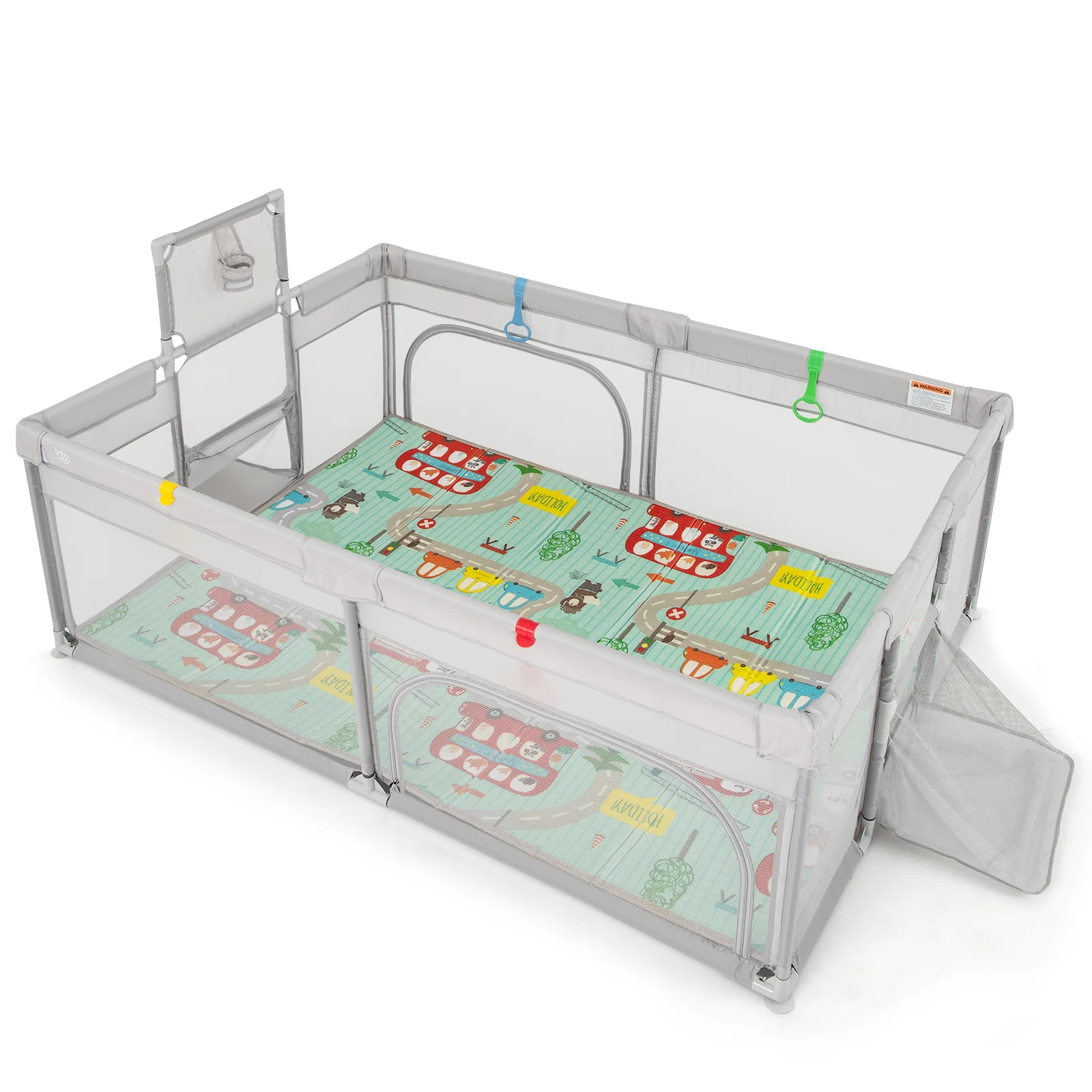 204 × 147 cm Large Baby Playpen, Baby Playard with Basketball Hoop, Soccer Gates, Pull Rings, Zippered Doors & Ocean Balls - Image 10