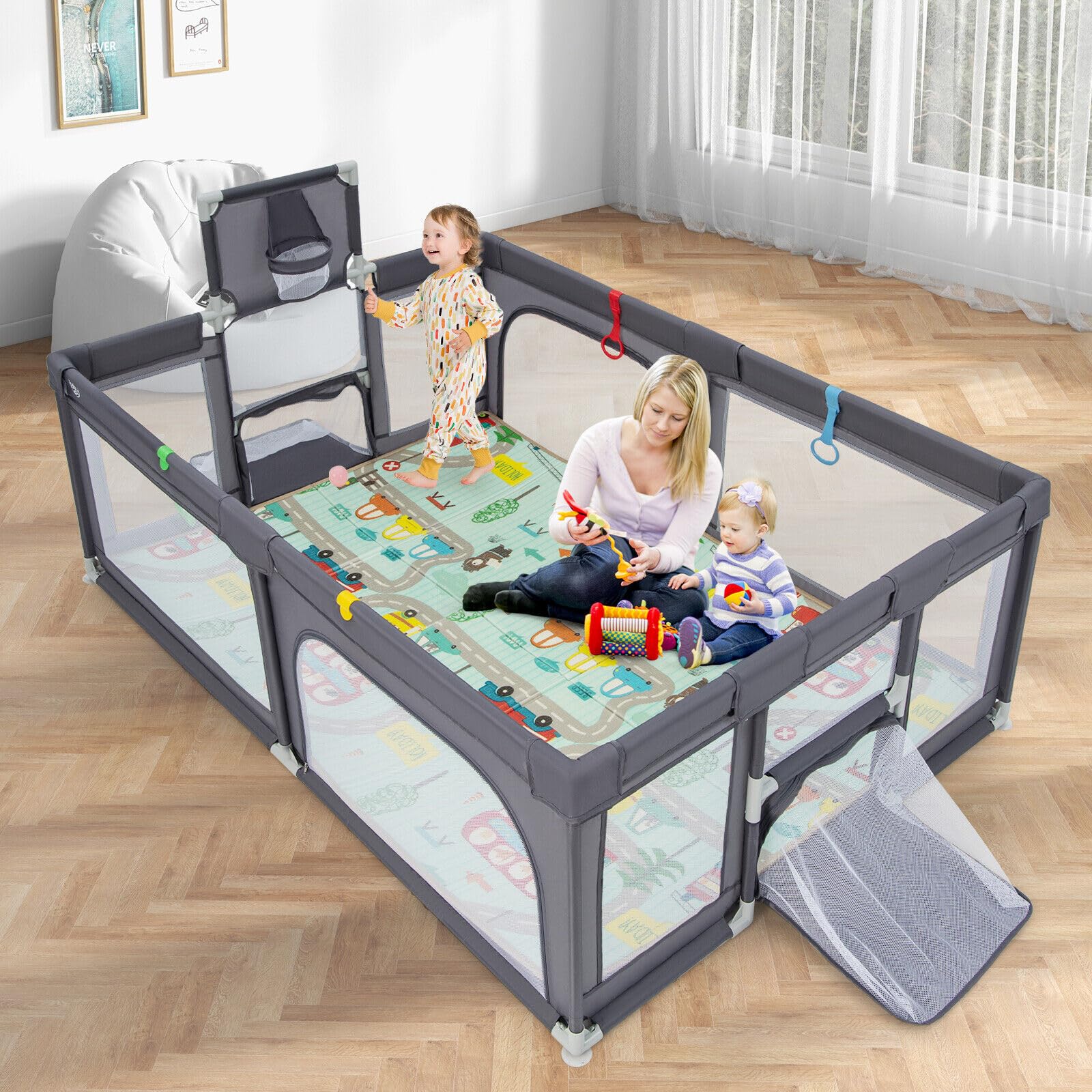 204 × 147 cm Large Baby Playpen, Baby Playard with Basketball Hoop, Soccer Gates, Pull Rings, Zippered Doors & Ocean Balls - Image 2