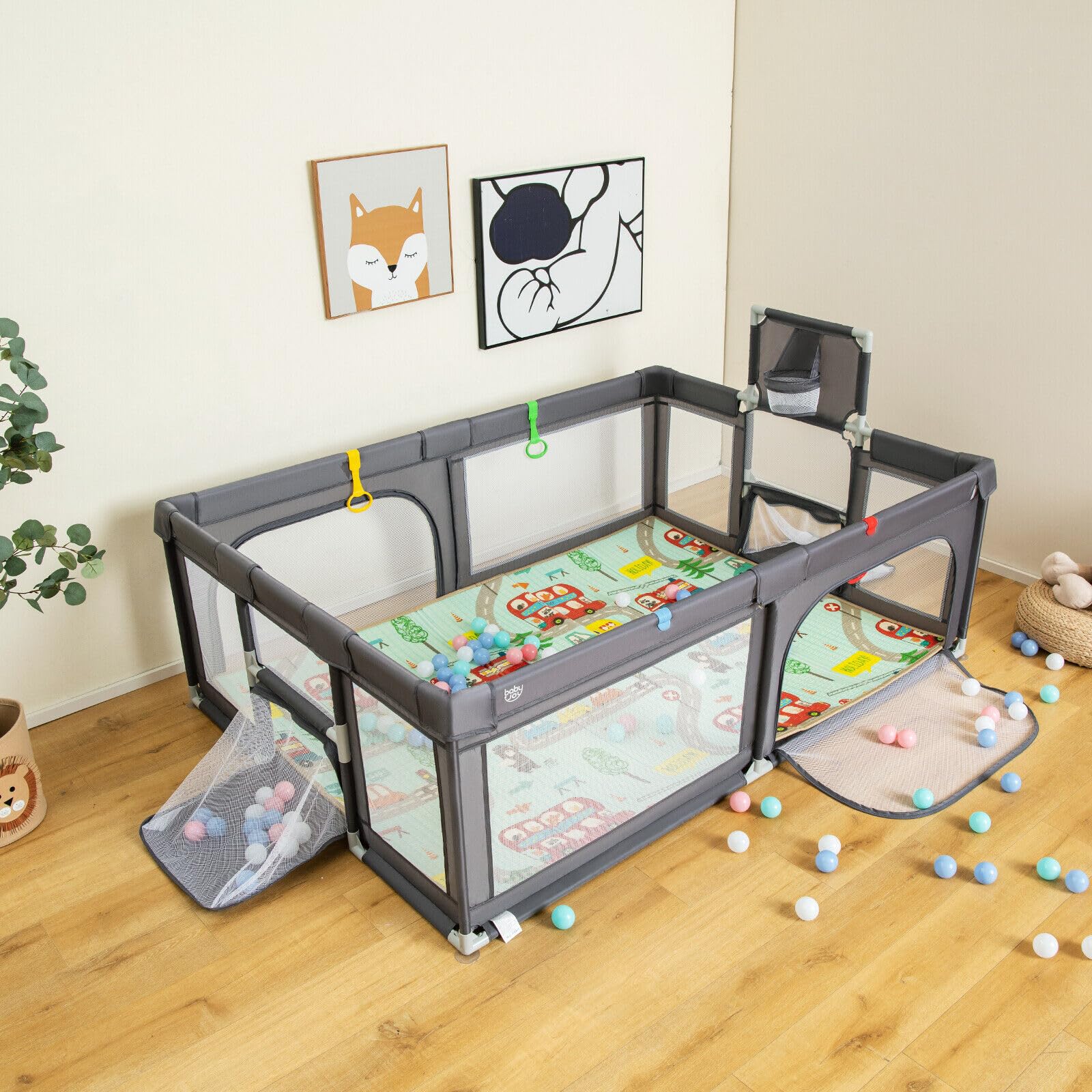 204 × 147 cm Large Baby Playpen, Baby Playard with Basketball Hoop, Soccer Gates, Pull Rings, Zippered Doors & Ocean Balls - Image 3