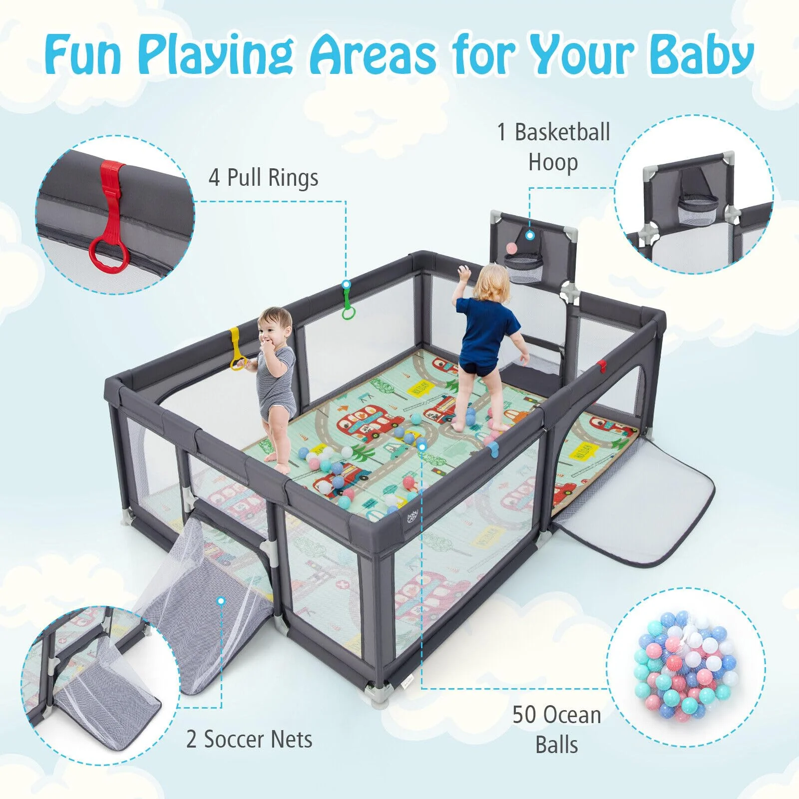 204 × 147 cm Large Baby Playpen, Baby Playard with Basketball Hoop, Soccer Gates, Pull Rings, Zippered Doors & Ocean Balls - Image 4