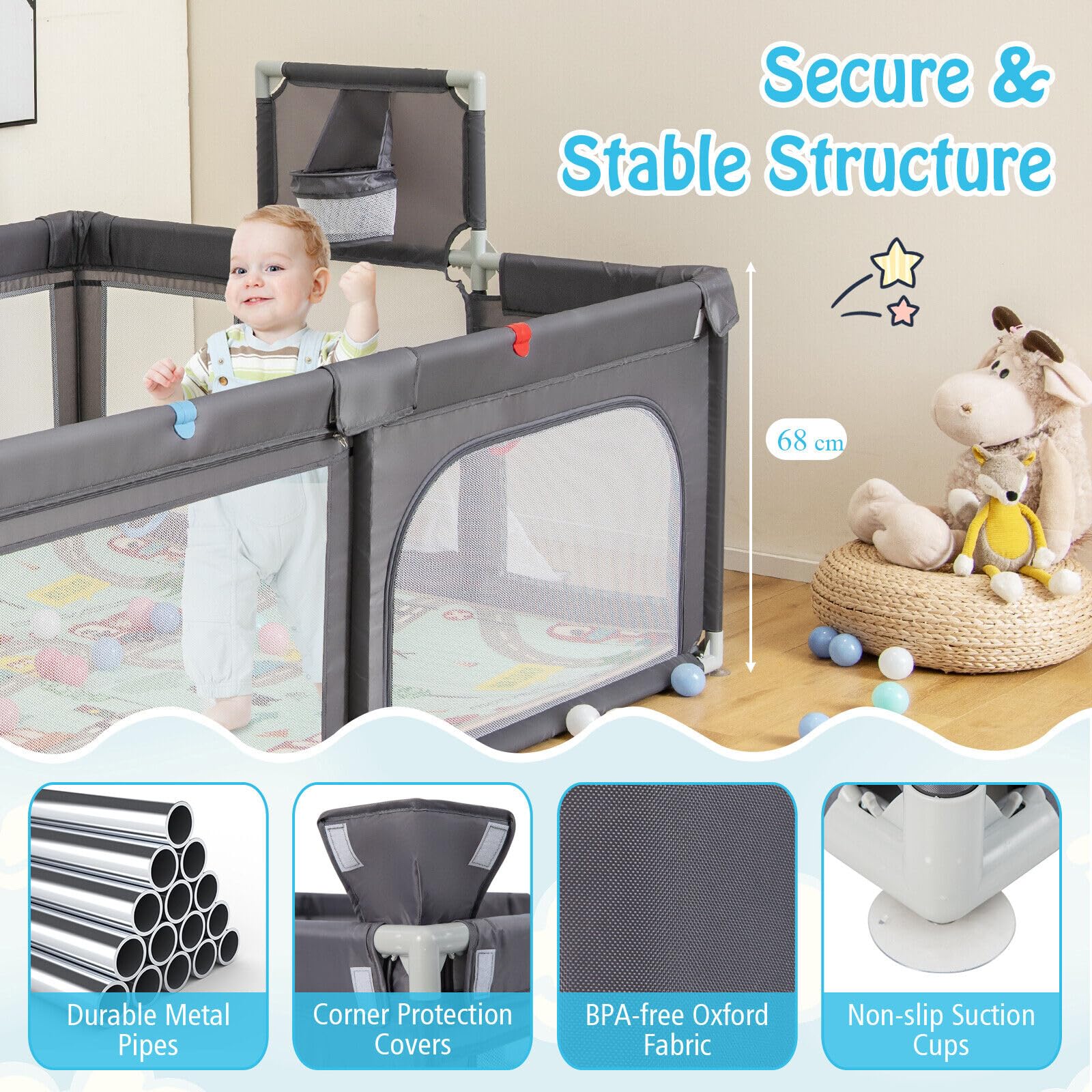 204 × 147 cm Large Baby Playpen, Baby Playard with Basketball Hoop, Soccer Gates, Pull Rings, Zippered Doors & Ocean Balls - Image 6