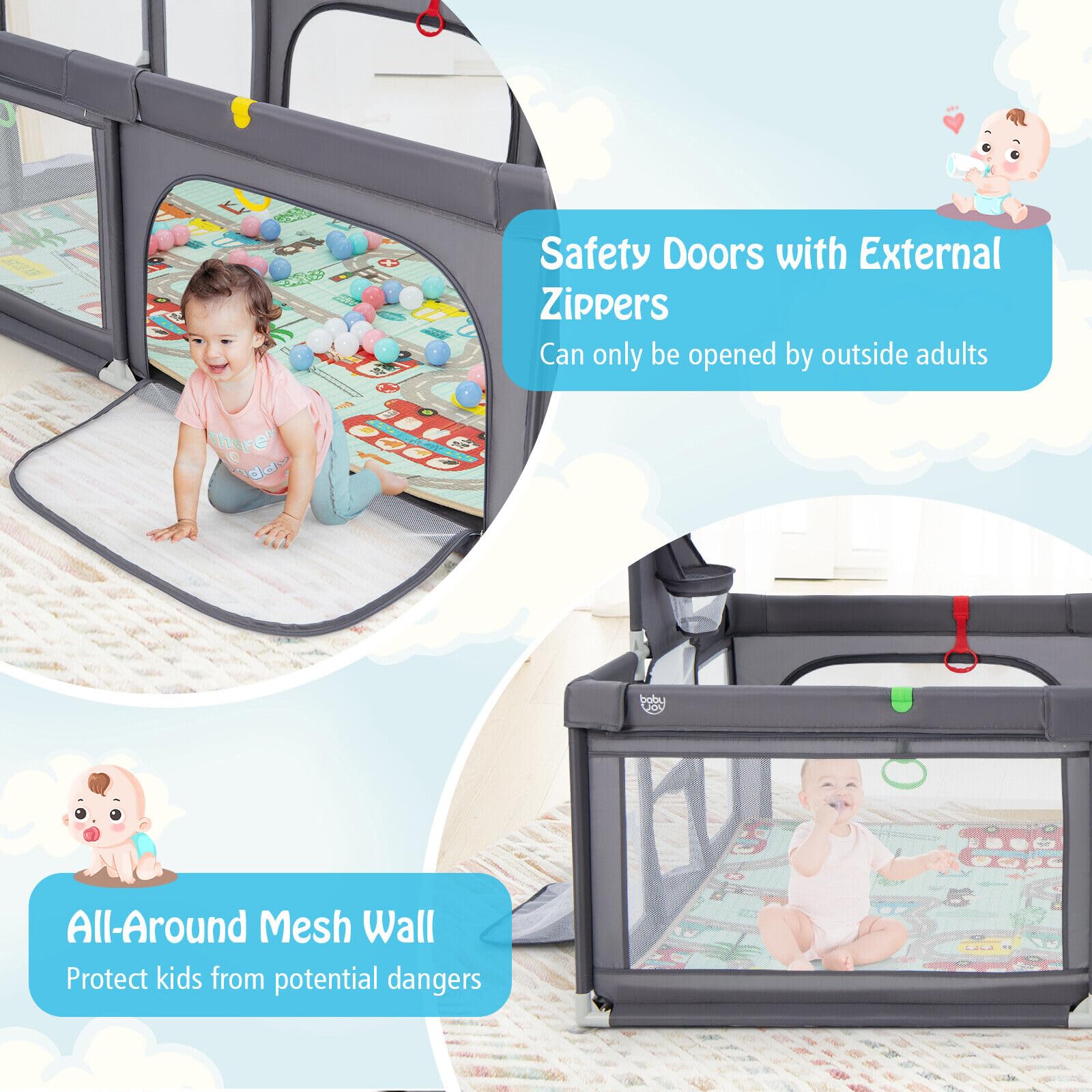 204 × 147 cm Large Baby Playpen, Baby Playard with Basketball Hoop, Soccer Gates, Pull Rings, Zippered Doors & Ocean Balls - Image 7