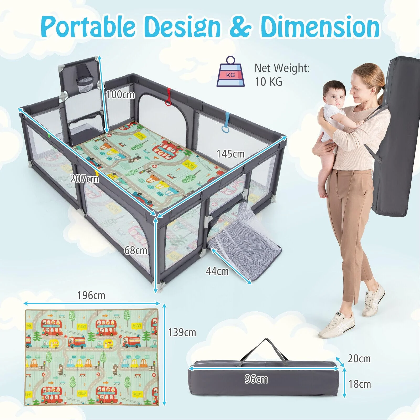 204 × 147 cm Large Baby Playpen, Baby Playard with Basketball Hoop, Soccer Gates, Pull Rings, Zippered Doors & Ocean Balls - Image 8
