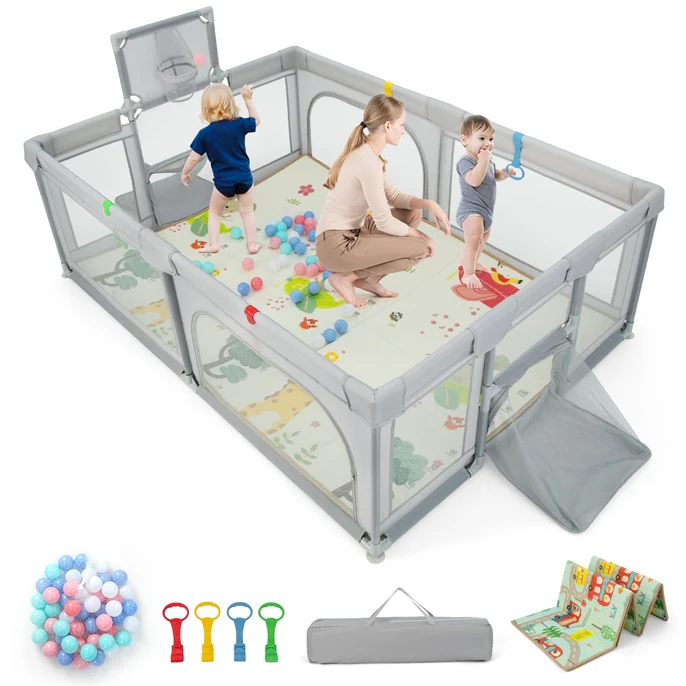 204 × 147 cm Large Baby Playpen, Baby Playard with Basketball Hoop, Soccer Gates, Pull Rings, Zippered Doors & Ocean Balls - Image 9