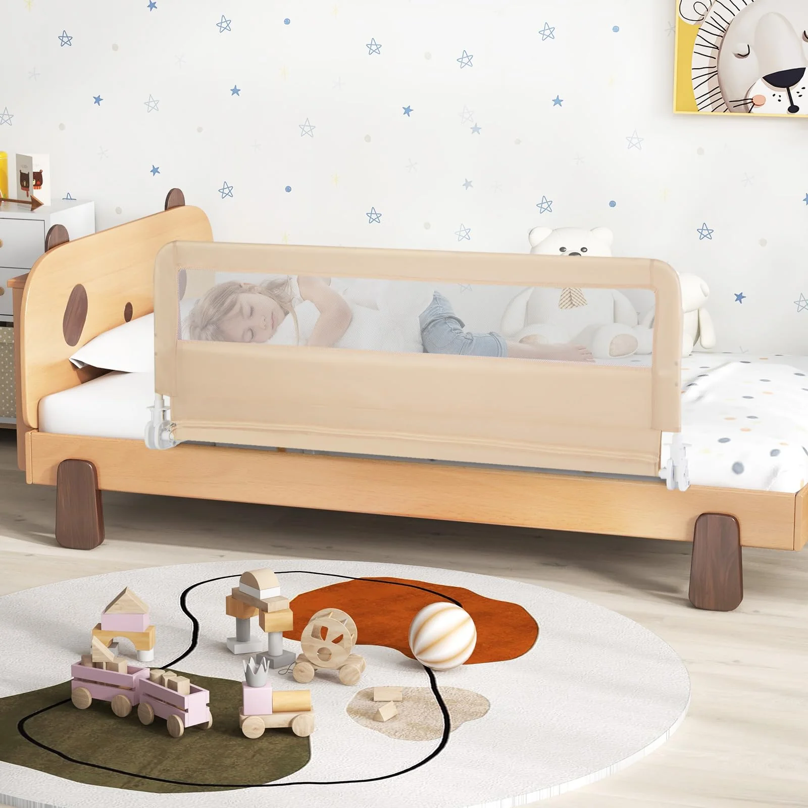 BABY JOY Bed Rail Guard for Toddlers, 150 x 55 cm Foldable Baby Bed Rail w/Safety Strap for Crib - Image 2