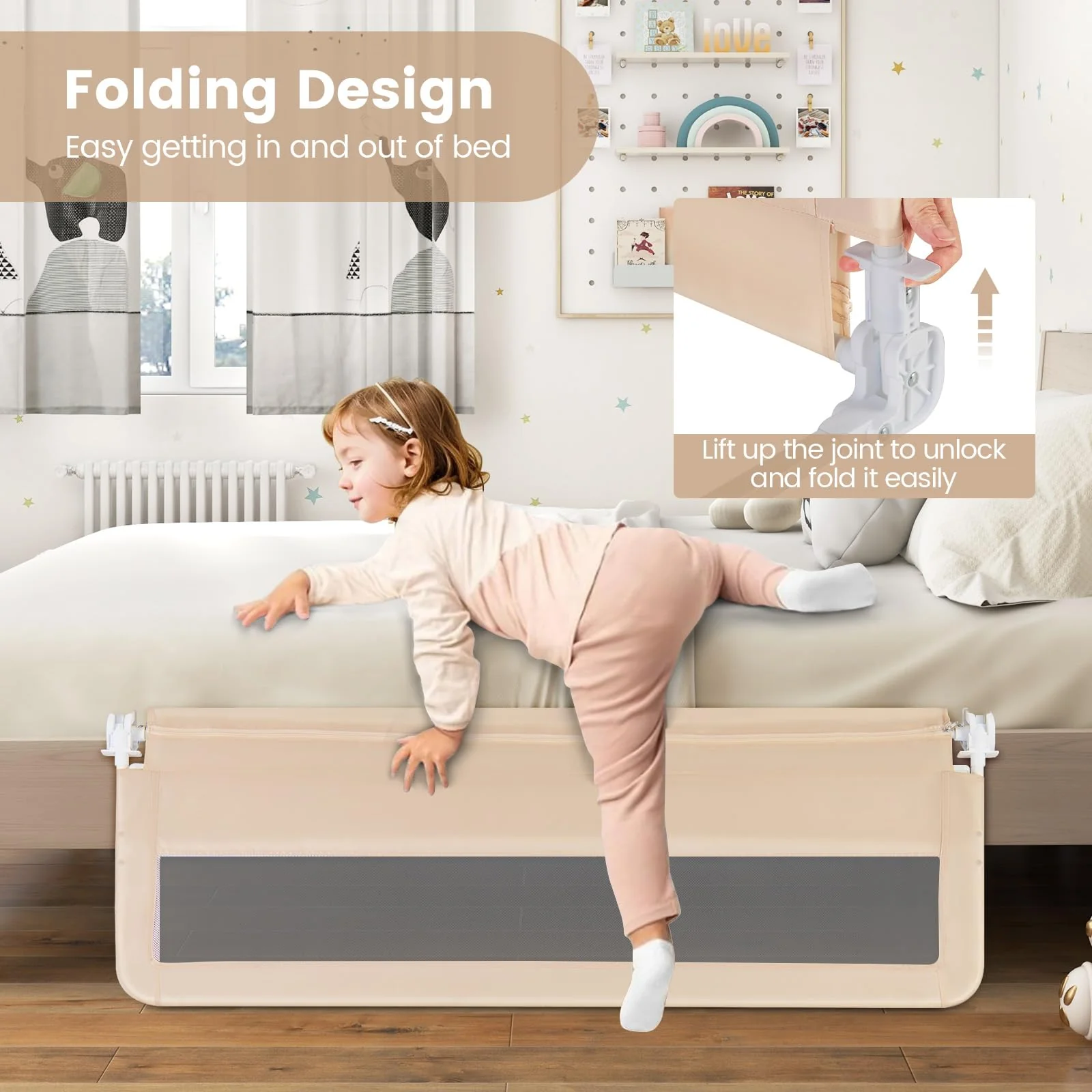 BABY JOY Bed Rail Guard for Toddlers, 150 x 55 cm Foldable Baby Bed Rail w/Safety Strap for Crib - Image 3