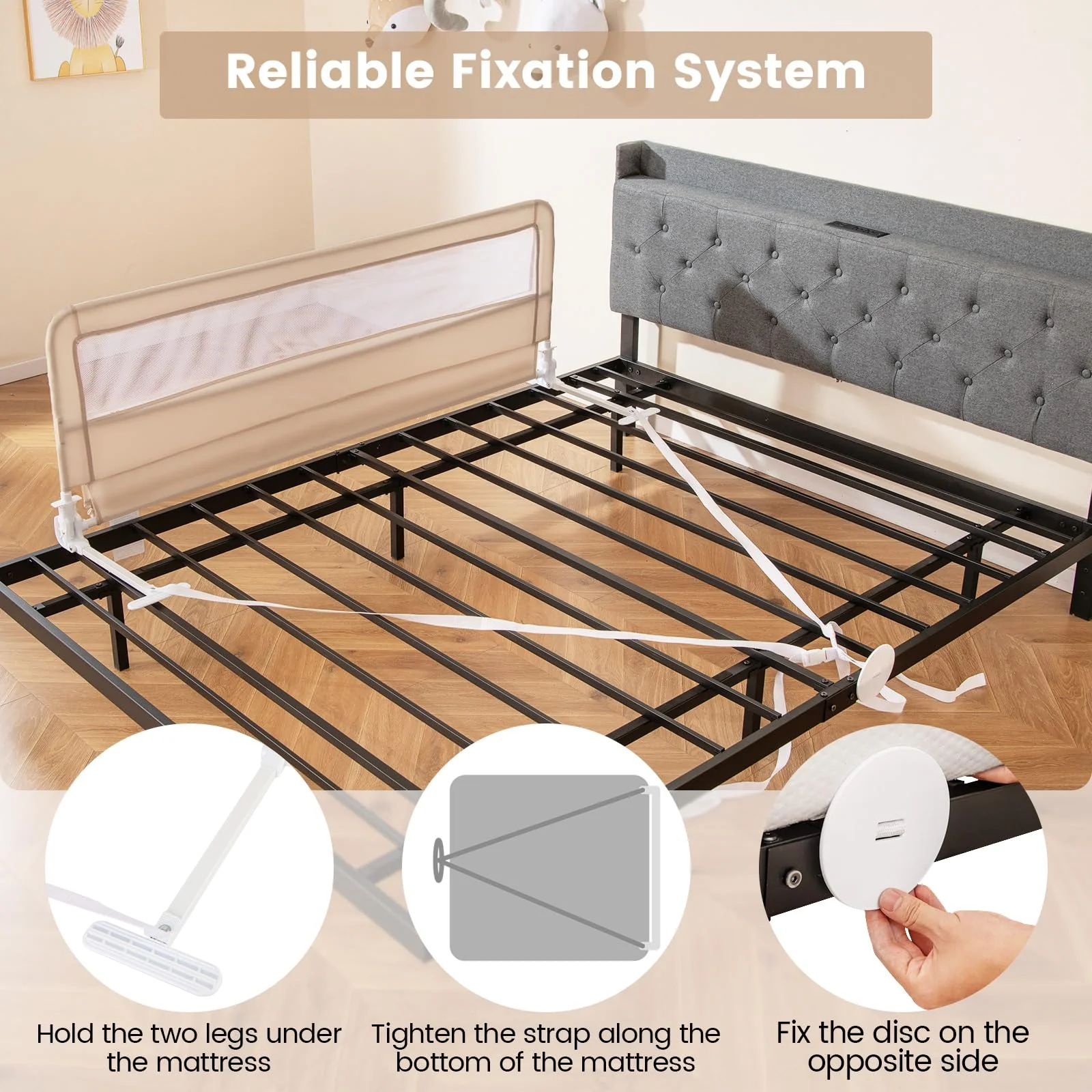 BABY JOY Bed Rail Guard for Toddlers, 150 x 55 cm Foldable Baby Bed Rail w/Safety Strap for Crib - Image 4