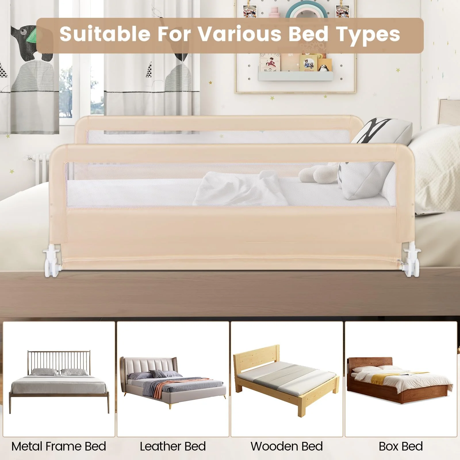 BABY JOY Bed Rail Guard for Toddlers, 150 x 55 cm Foldable Baby Bed Rail w/Safety Strap for Crib - Image 5