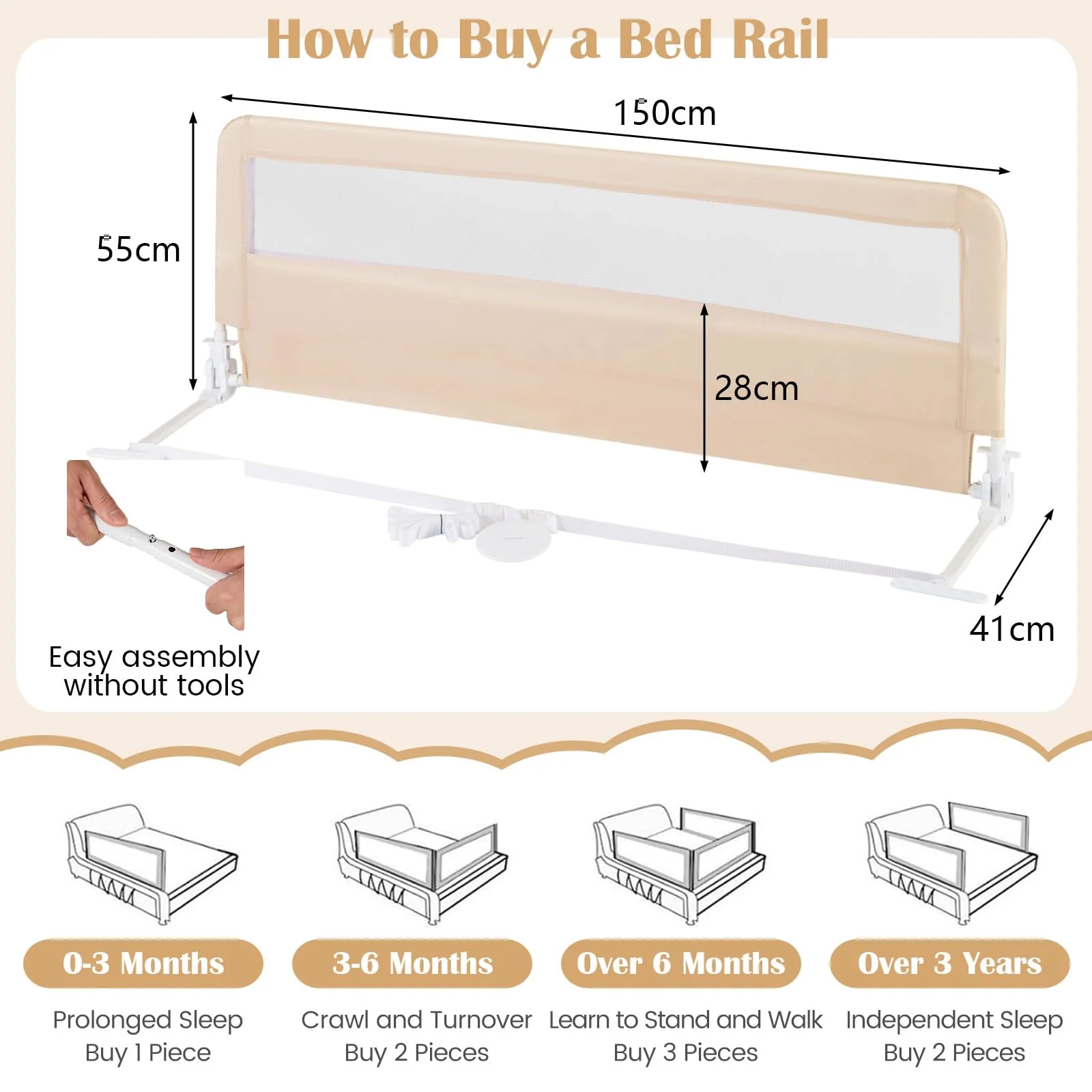 BABY JOY Bed Rail Guard for Toddlers, 150 x 55 cm Foldable Baby Bed Rail w/Safety Strap for Crib - Image 6