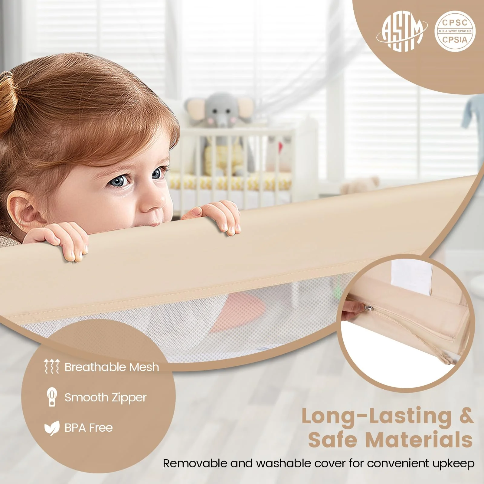 BABY JOY Bed Rail Guard for Toddlers, 150 x 55 cm Foldable Baby Bed Rail w/Safety Strap for Crib - Image 7