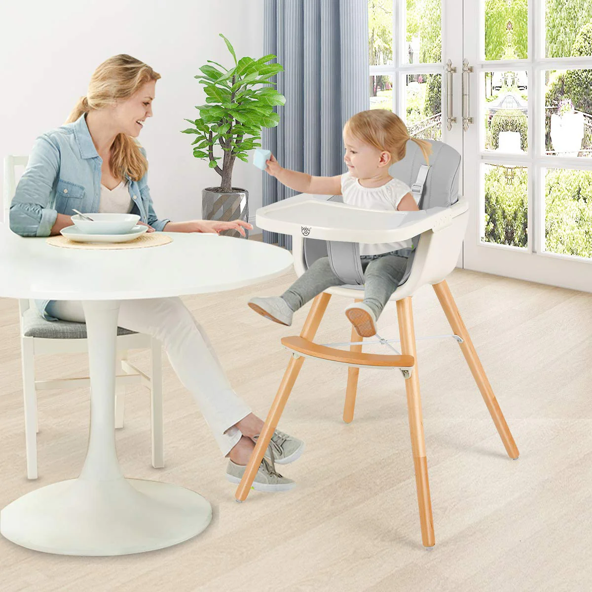 BABY JOY Convertible Baby High Chair, 3-in-1 Wooden High Chair/Booster/Chair with Removable Tray - Image 2