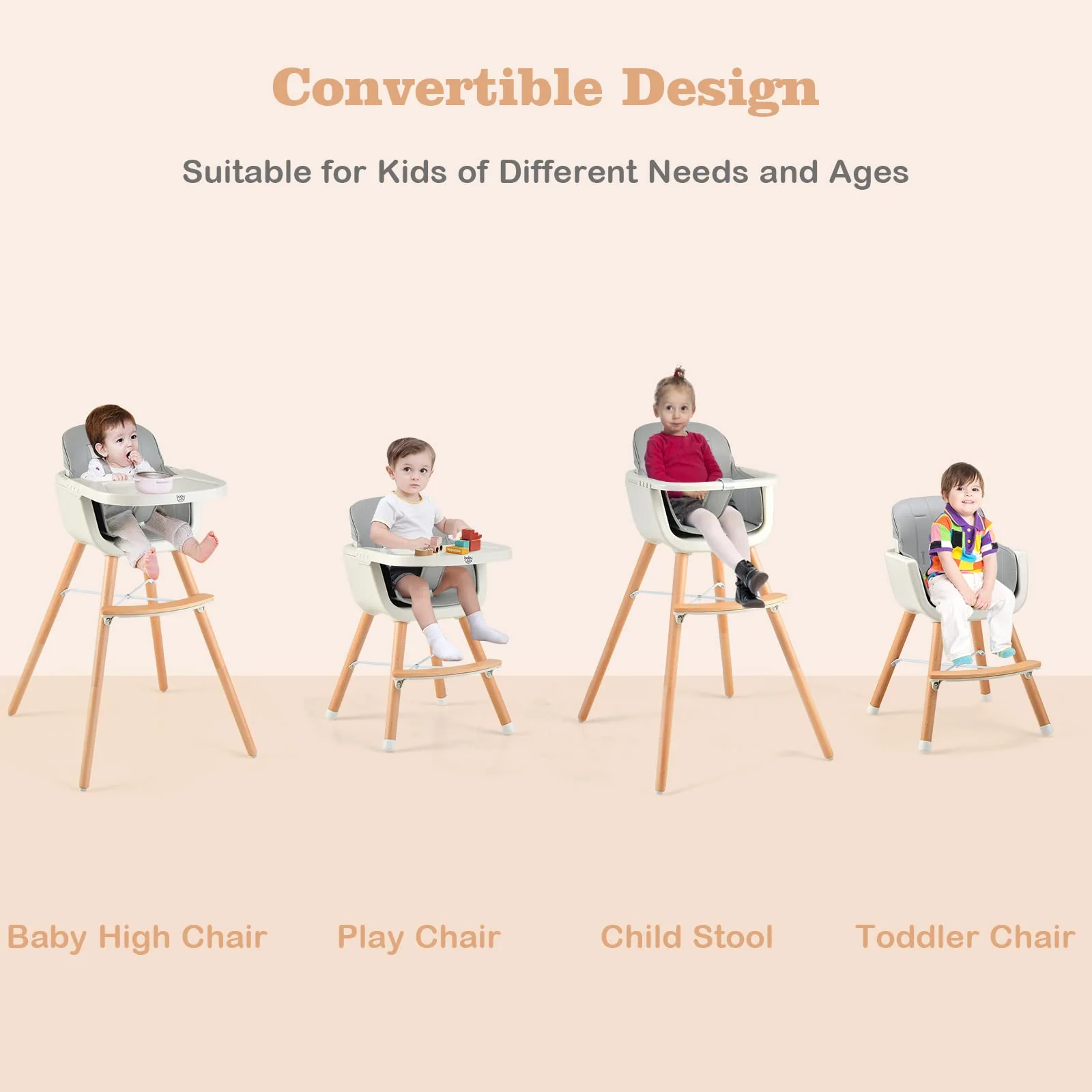BABY JOY Convertible Baby High Chair, 3-in-1 Wooden High Chair/Booster/Chair with Removable Tray - Image 3