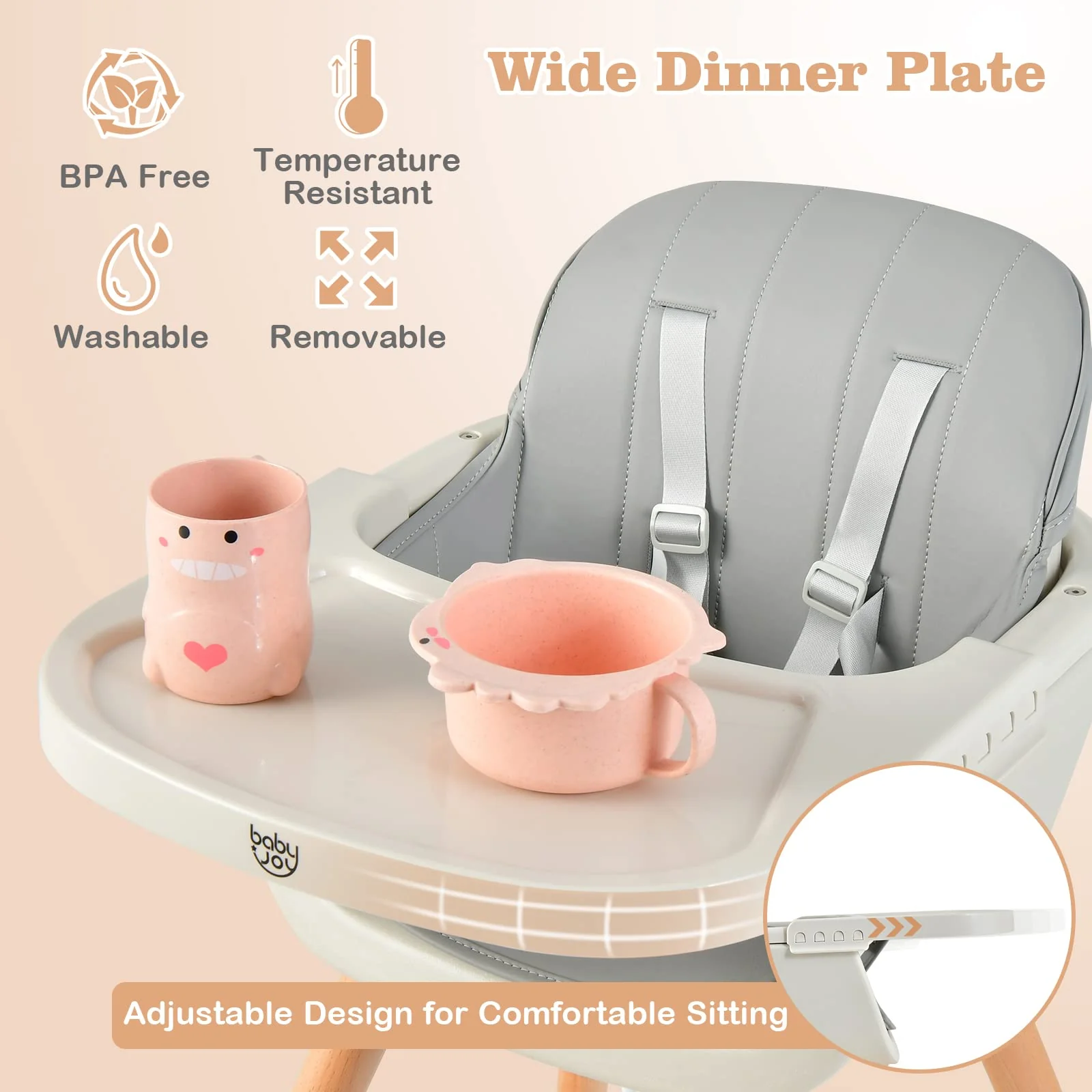 BABY JOY Convertible Baby High Chair, 3-in-1 Wooden High Chair/Booster/Chair with Removable Tray - Image 4