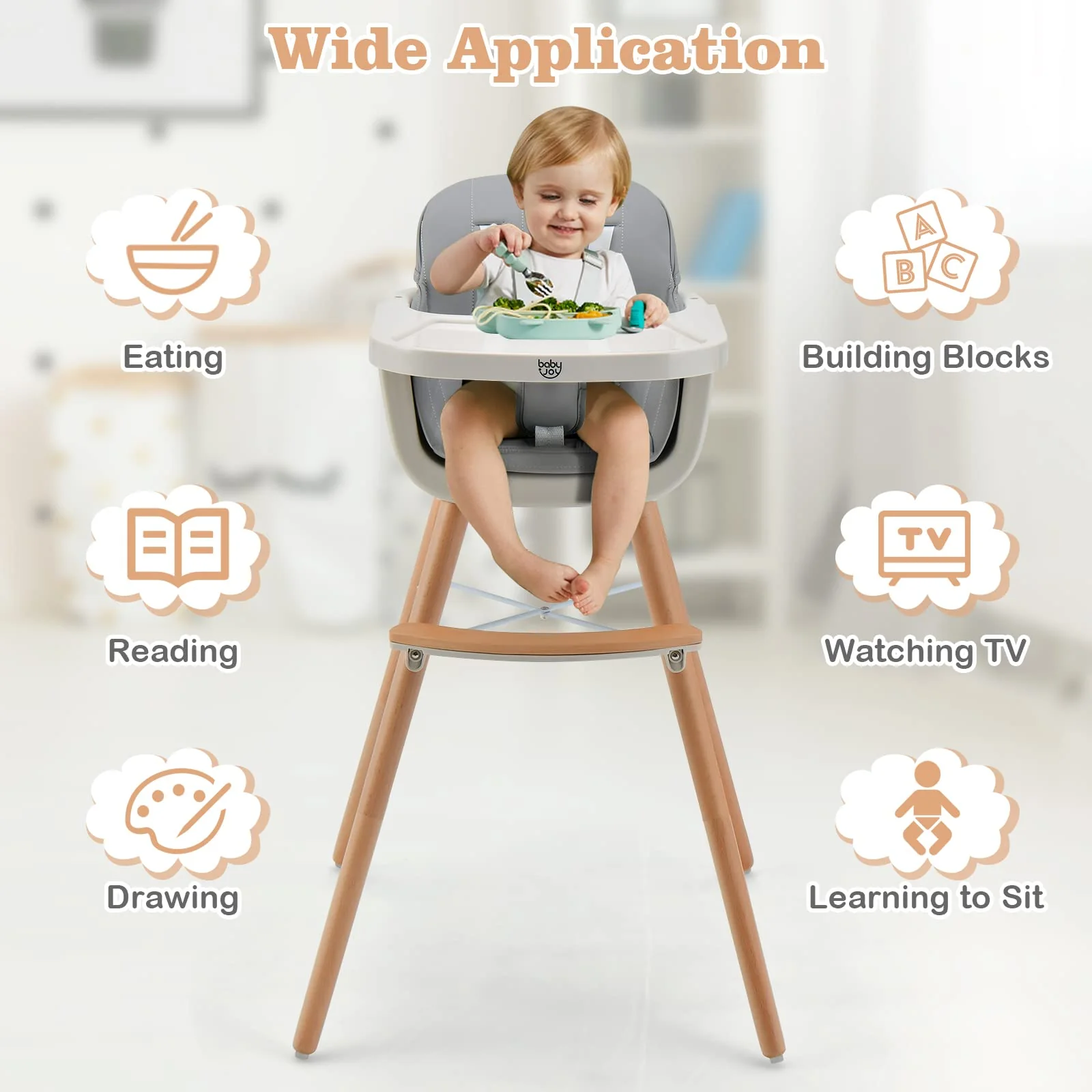 BABY JOY Convertible Baby High Chair, 3-in-1 Wooden High Chair/Booster/Chair with Removable Tray - Image 5