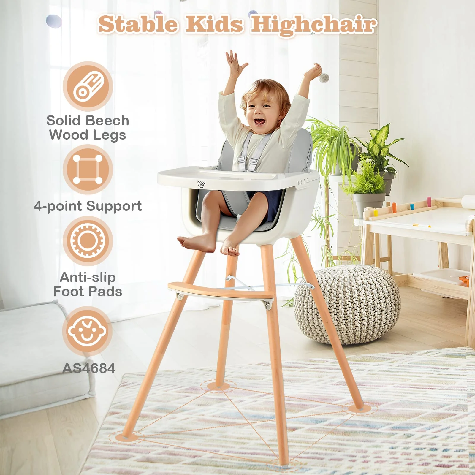 BABY JOY Convertible Baby High Chair, 3-in-1 Wooden High Chair/Booster/Chair with Removable Tray - Image 6