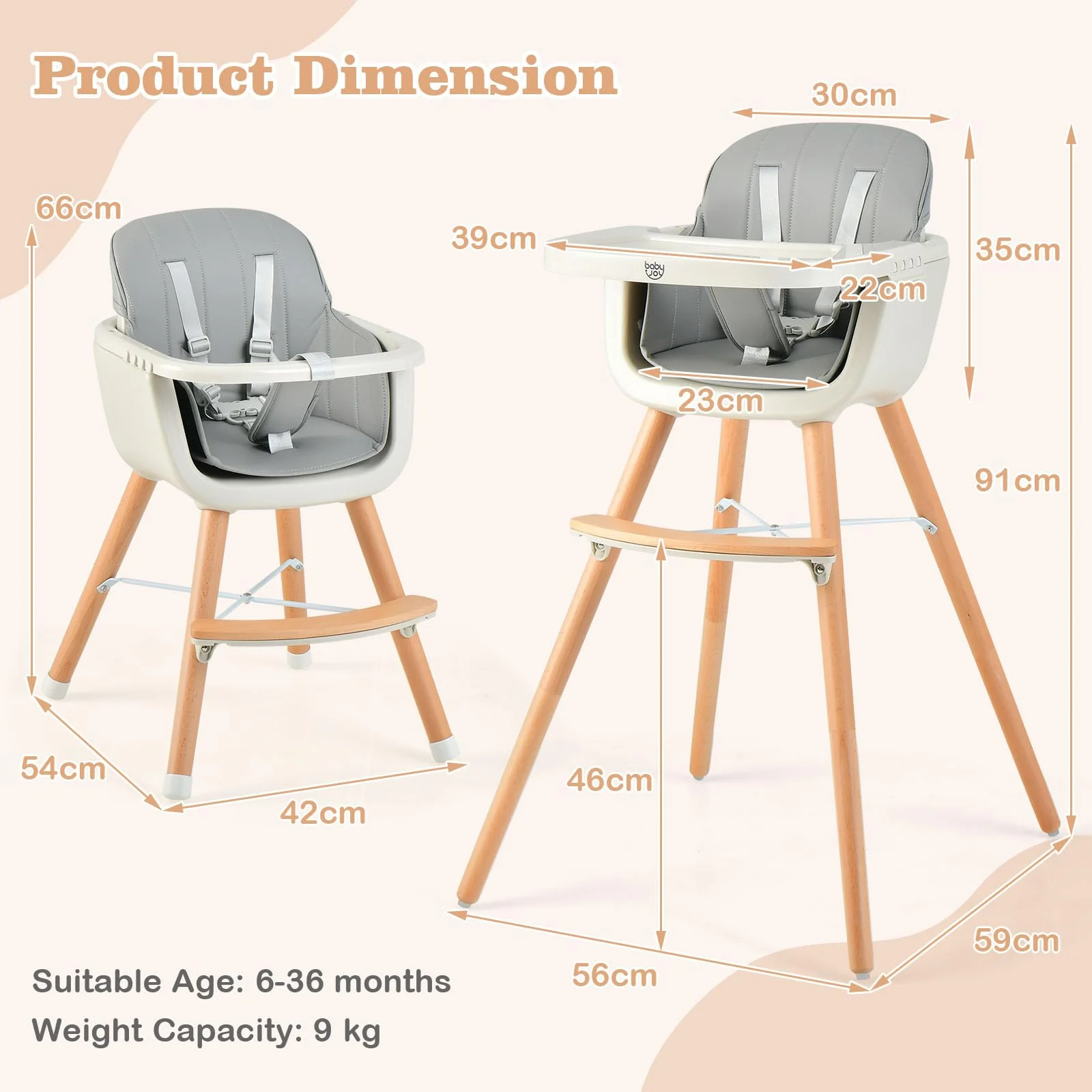 BABY JOY Convertible Baby High Chair, 3-in-1 Wooden High Chair/Booster/Chair with Removable Tray - Image 7