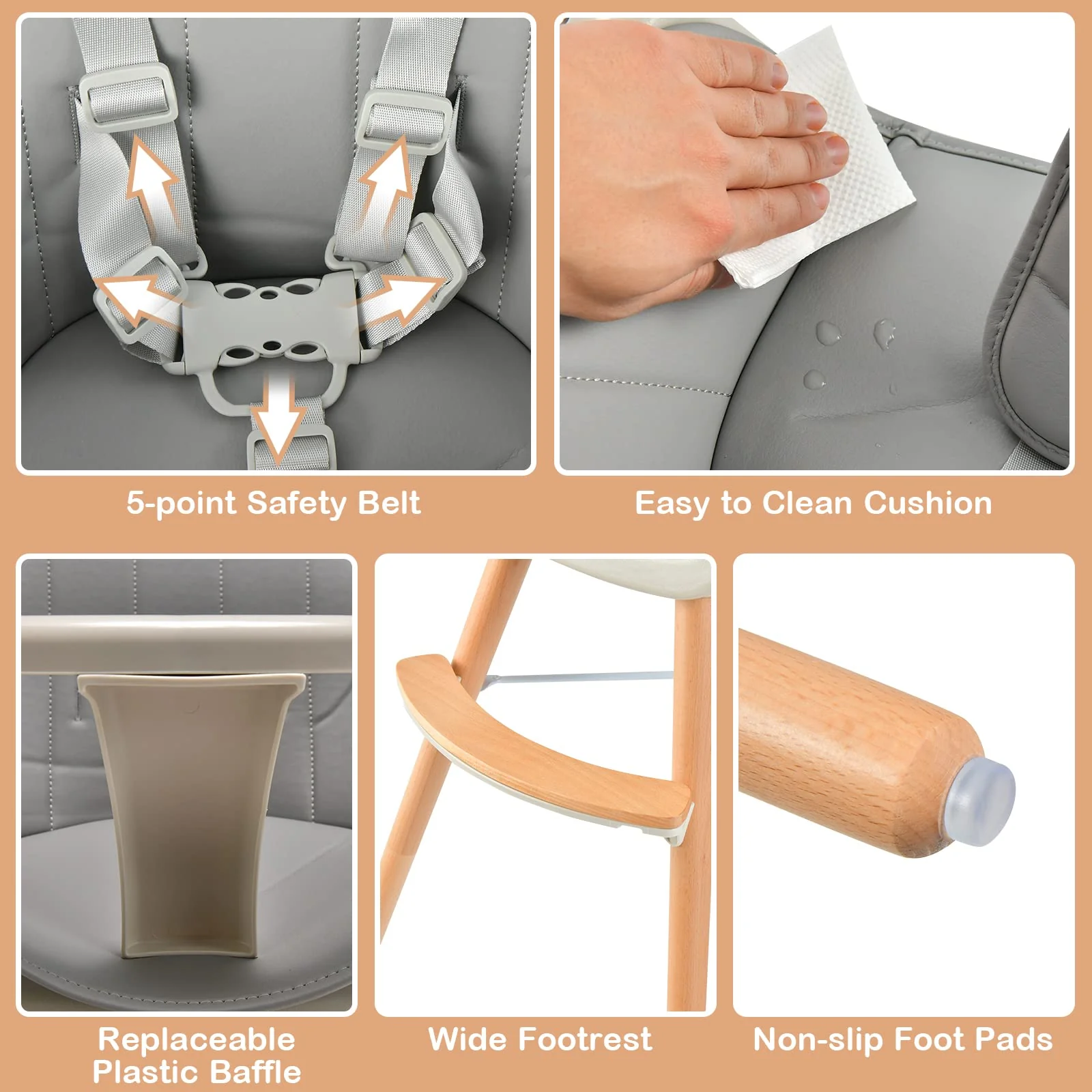 BABY JOY Convertible Baby High Chair, 3-in-1 Wooden High Chair/Booster/Chair with Removable Tray - Image 8