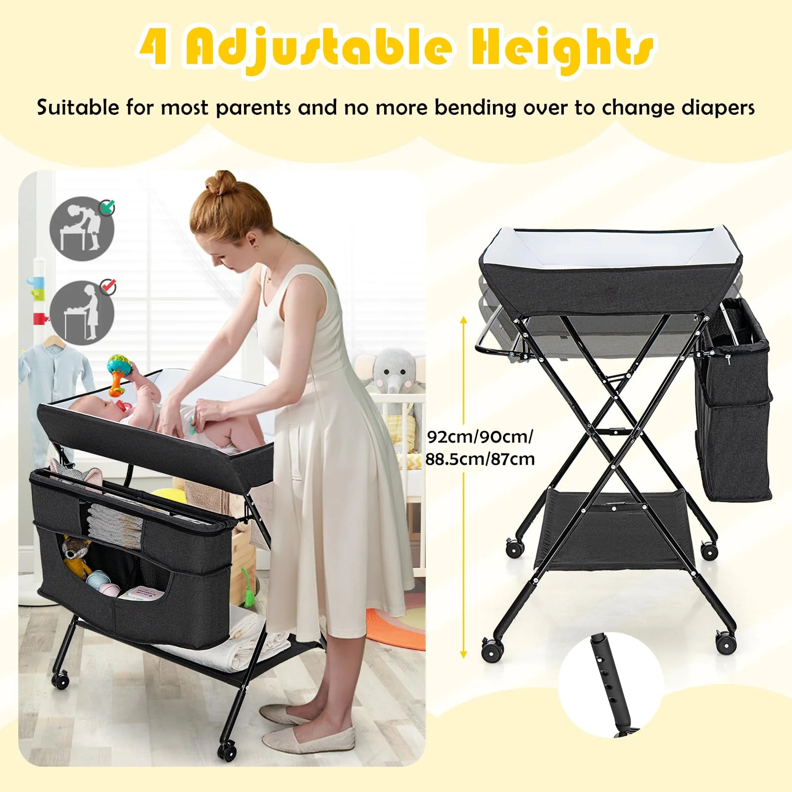 BABY JOY Foldable Baby Changing Table, 4-in-1 Diaper Station w/4 Adjustable Heights & 4 Lockable Wheels - Image 3